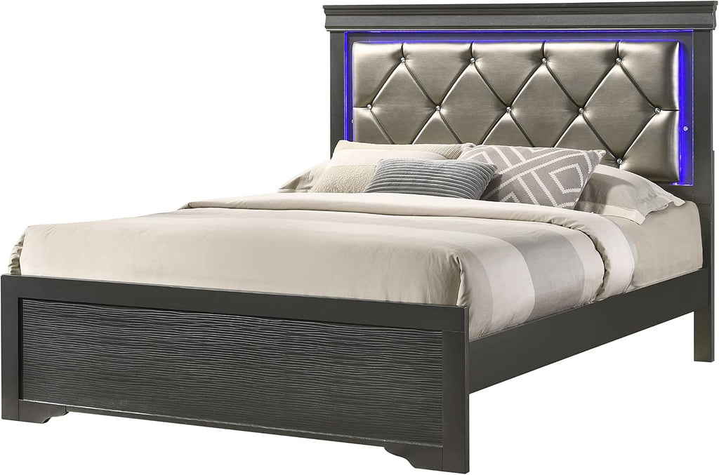 Full 4 Pcs LED Bedroom Set Made with Wood in Gray