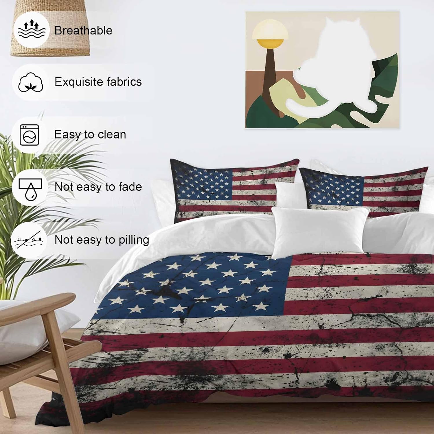 Prime Leader Independence Day Duvet Cover Set Queen Size 4 Pieces Mottled U. S. Flag Shabby Chic Vintage Bedding Set with Zipper Closure, 1 Comforter Cover 92x106 Inches 1 Flat Sheet & 2 Pillow Cases