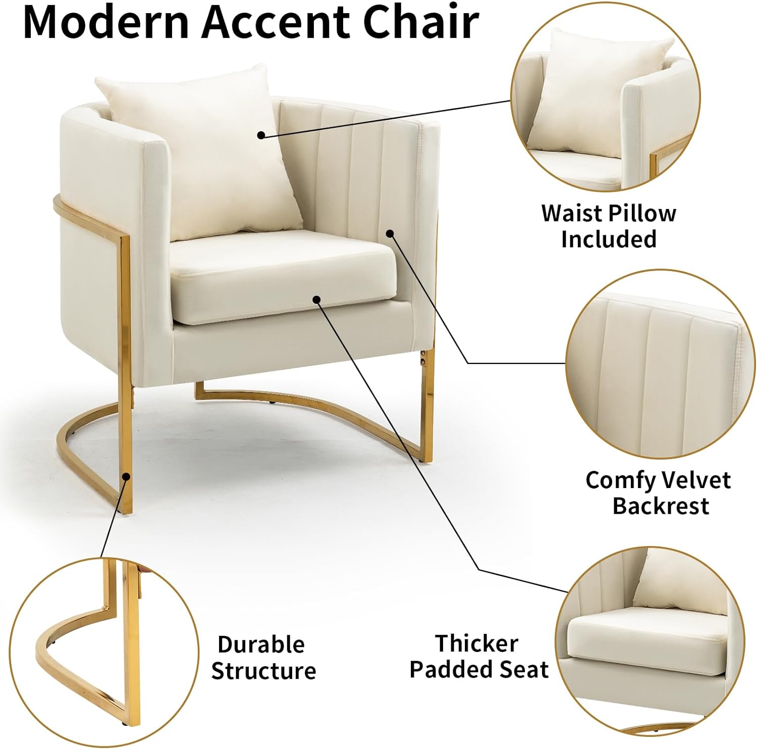 Velvet Accent Chairs Set of 2, Mid Century Modern Upholstered Barrel Armchair with Pillow for Living Room, Comfy Single Club Chair with Metal Gold Legs for Bedroom, White