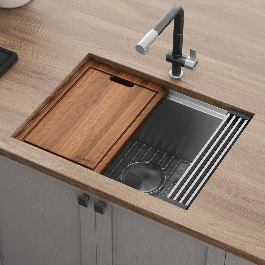 Ruvati 24-inch Undermount Rounded Corner Workstation Kitchen Sink Single Bowl – 16 Gauge Stainless Steel Kitchen Sinks with Brushed Finish hides scratches, Easy-to-Clean - RVH8324