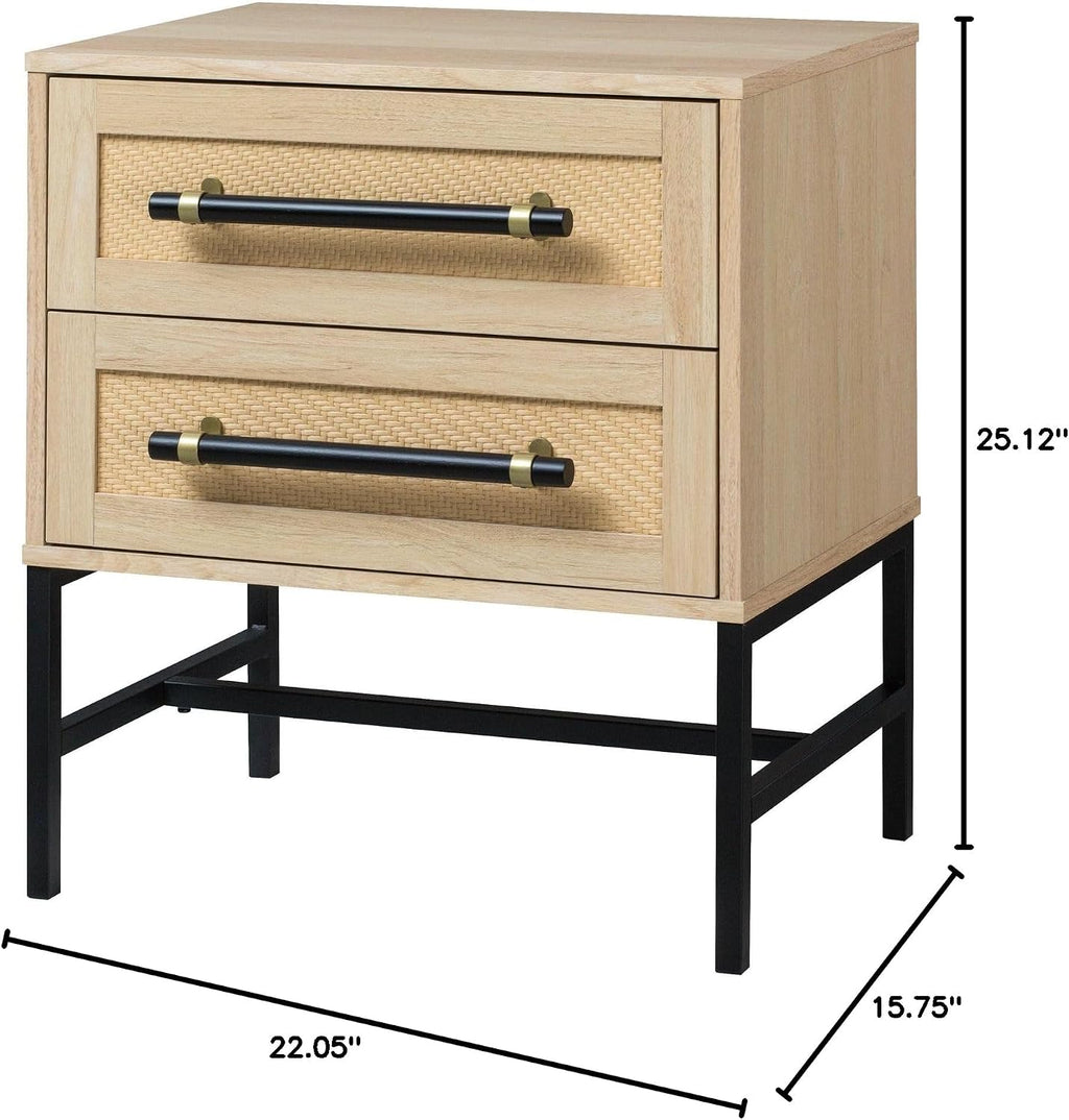 Sophia 2-Drawer Nightstand in Natural Oak Look with Rattan Panels and Minimalist Black Metal Frame- Perfect Bedroom Storage for Small Spaces, Large Suites, or Living Rooms