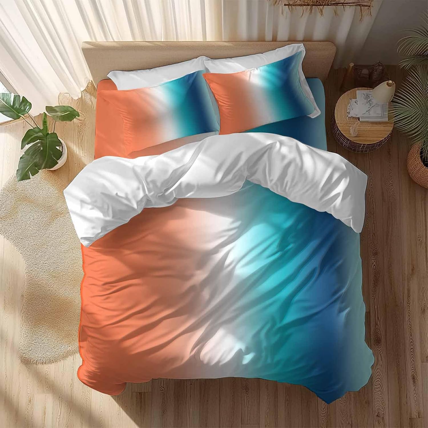 Gradient Orange Teal Duvet Cover Set Queen Size 4 Pieces Modern Abstract Minimalist Blue Ocean Beach Bedding Set with Zipper Closure, 1 Comforter Cover 90x92 Inches 1 Flat Sheet & 2 Pillow Cases