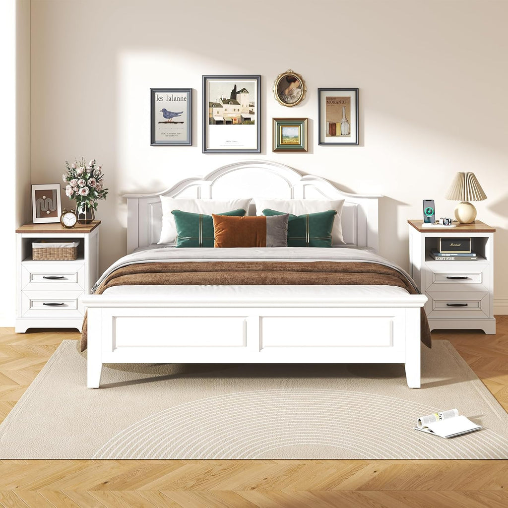Farmhouse Nightstand with Charging Station- Wood Night Stand Set 2, 2 Drawer Nightstands Set of 2, Bedside Table with Storage, Rustic Night Stands for Bedroom, Closet, 18' Wide, 24' Tall