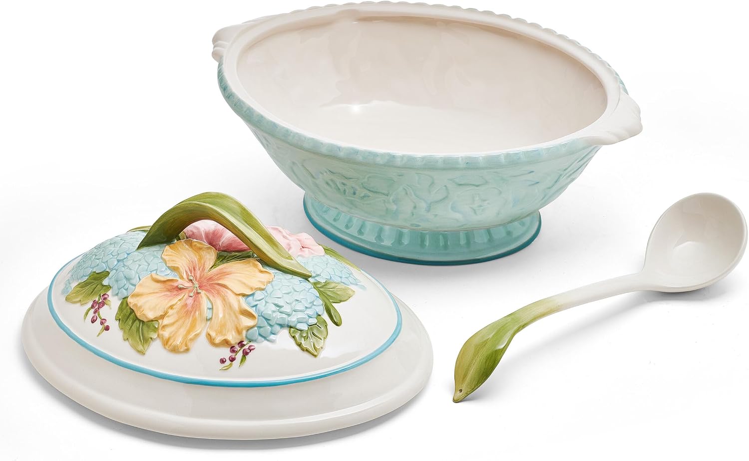 Fitz and Floyd Meadow Tureen Covered Serving Bowl with Ladle, 3.5 Quart