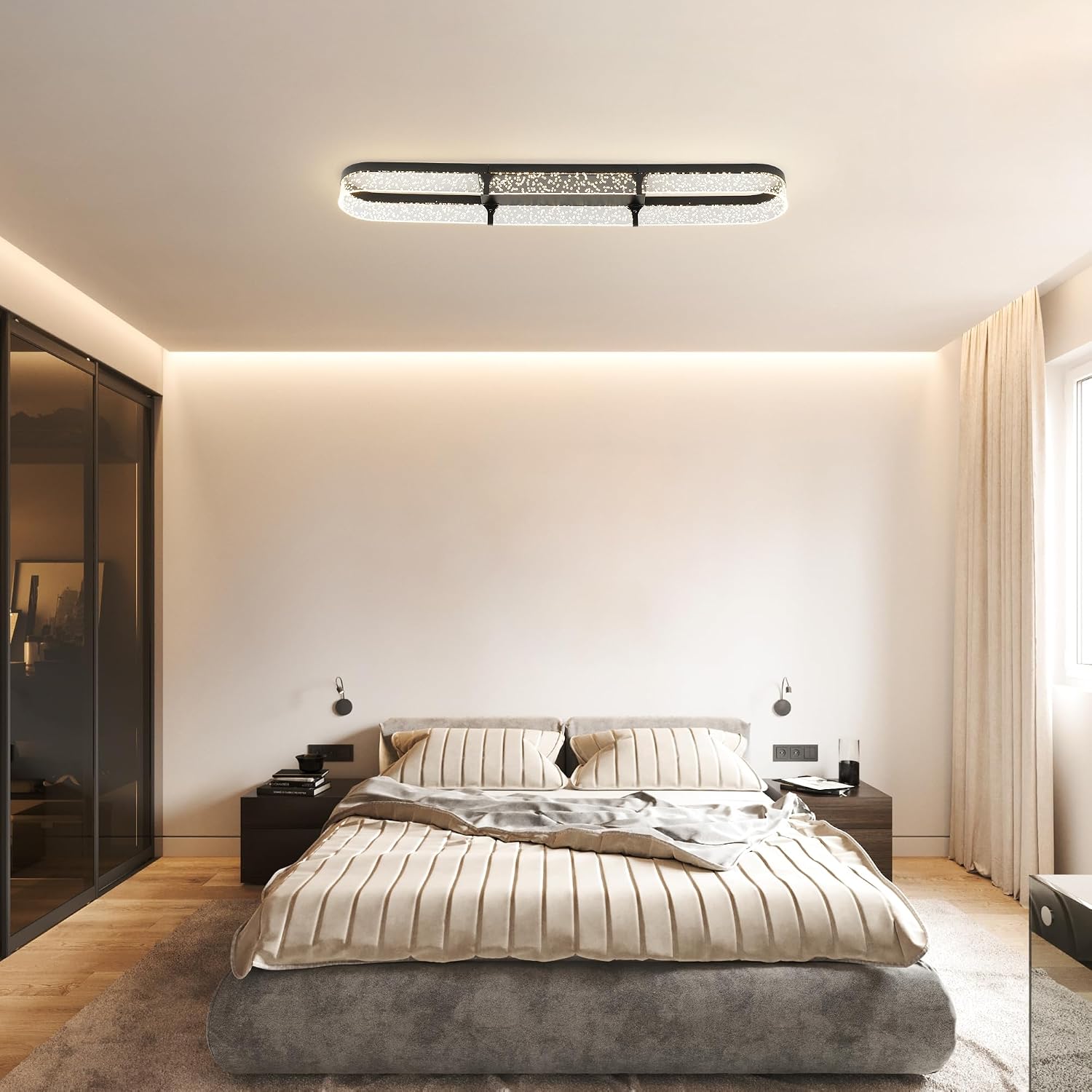 Jaycomey 43 inch Modern Black LED Ceiling Light Fixture, 54W Dimmable Flush Mount Ceiling Light with Remote, Adjustable 3000K-6500K Dining Room Light Fixtures for Hallway Living Room