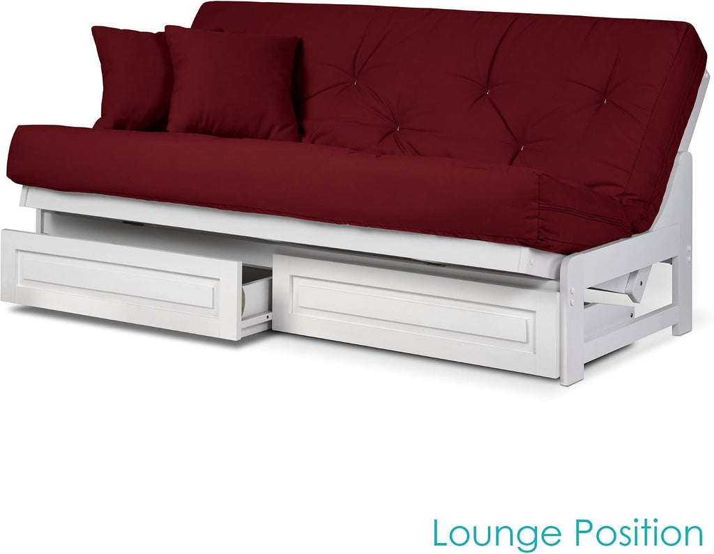 Nirvana Futons Arden White Futon with Storage Drawers Full or Queen Size - Space Saving Armless Design with Comfortable Mattress (Twill Burgundy), Sofa Bed Available in