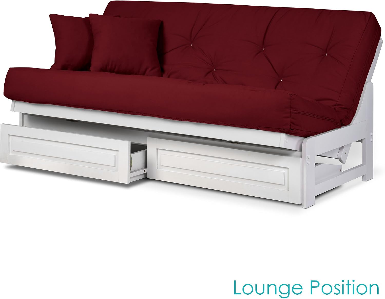 Nirvana Futons Arden White Futon with Storage Drawers Full or Queen Size - Space Saving Armless Design with Comfortable Mattress (Twill Burgundy), Sofa Bed Available in