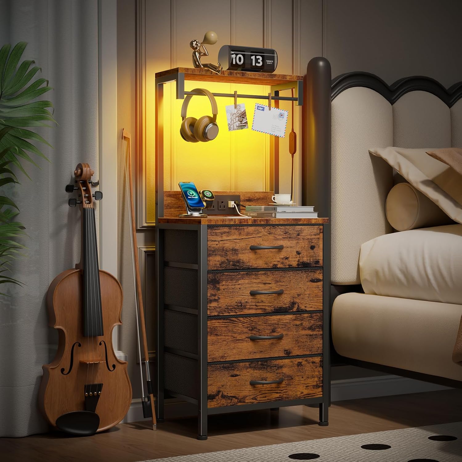 Furnulem Night Stand Set 2, Tall Nightstand with Charging Station and LED Lights, Nightstand with 4 Fabric Drawers and Storage Shelves, Bedside Table Side Tables Set of 2 for Bedroom, Rustic Brown