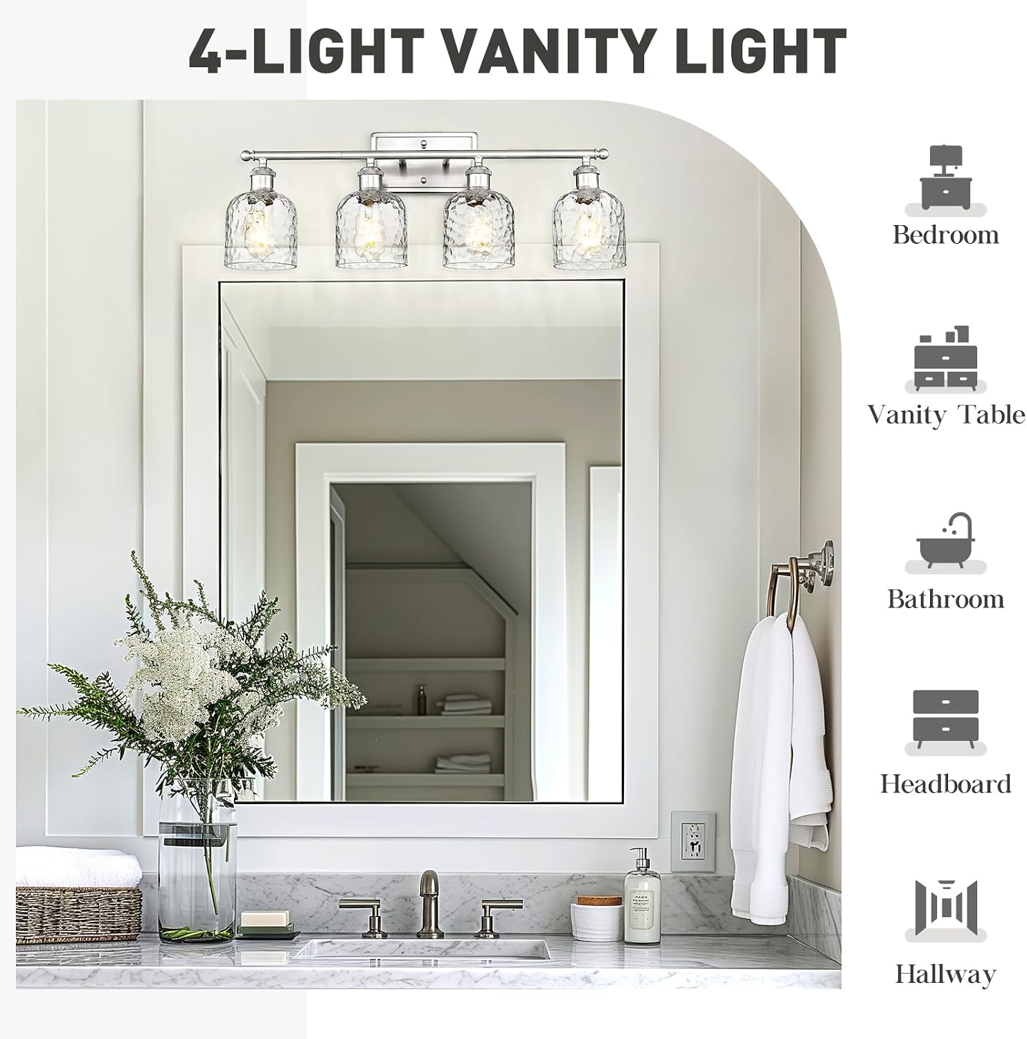 zeyu 27 Inch Bathroom Wall Light Over Mirror, 4-Light Vanity Lighting Fixture, Brushed Nickel Finish with Clear Hammered Glass, ZJF63B-4W BN