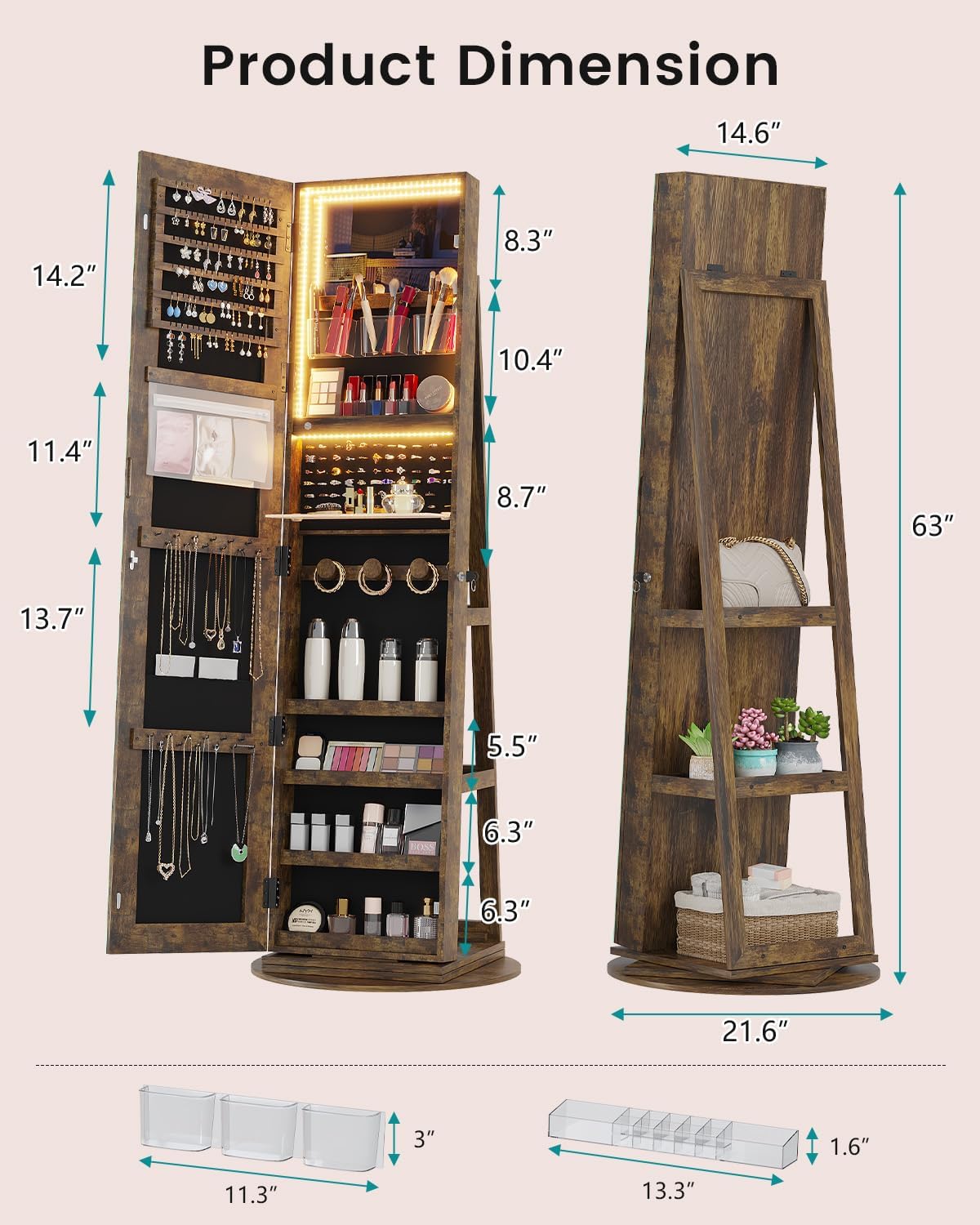Vlsrka Mirror Jewelry Cabinet Standing, Lockable Full Length Mirror with Storage, Rotatable Jewelry Armoire with Adjustable Lights, Jewelry Armoire Organizer for Bedroom Cloakroom, Rustic Brown