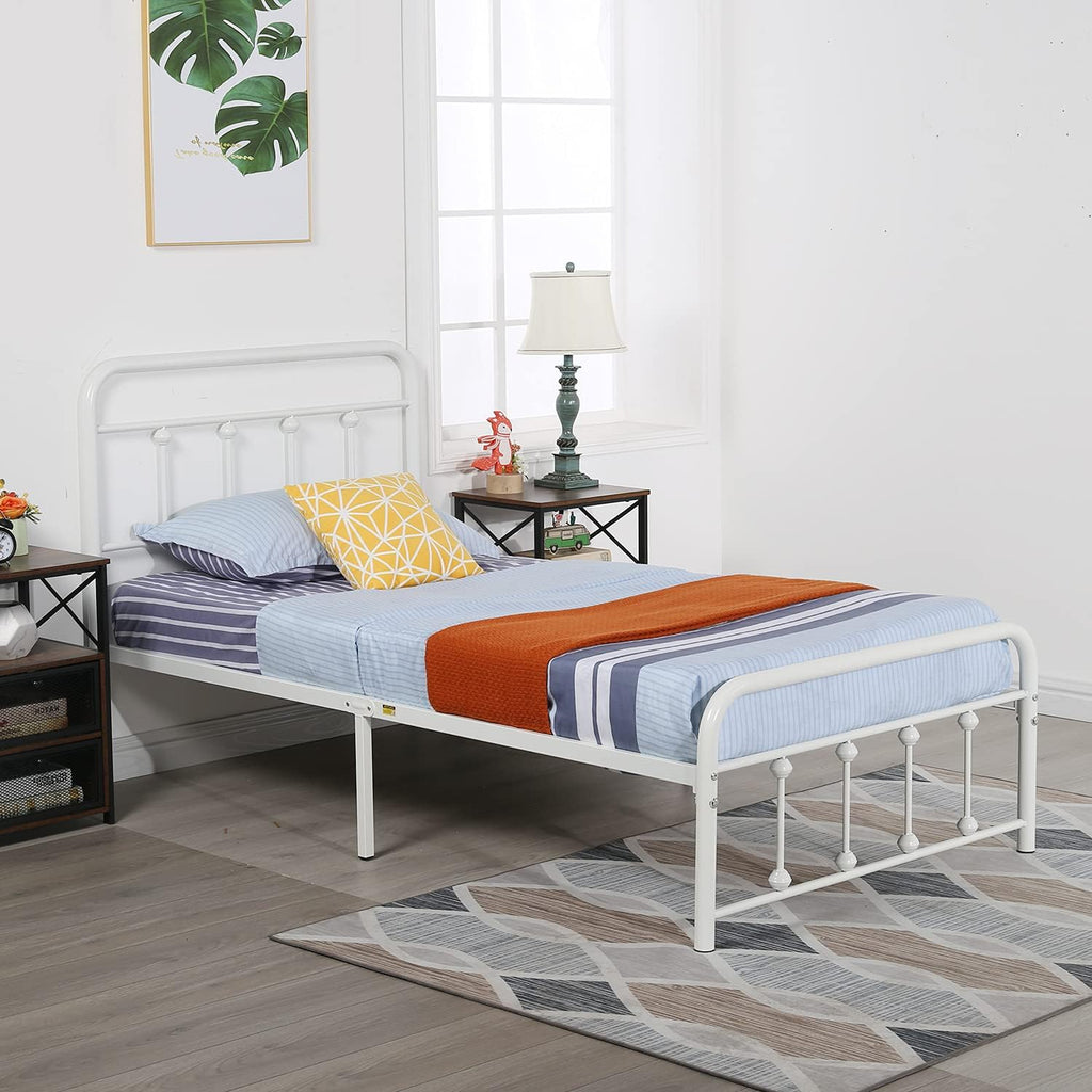 VECELO Twin Size Victorian Style Metal Bed Frame with Headboard Classic Metal Platform Bed Frame Mattress Foundation with Victorian Style Footboard/Under Bed Storage/No Box Spring Classic White