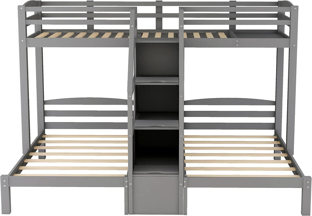 VilroCaz Twin Size Triple Bunk Bed with Built-in Staircase and Storage Drawer, Solid Wood Bunk Bed Frame with Safety Full-Length Guardrail for 3, Bedroom Guest Room Home Furniture (Gray)