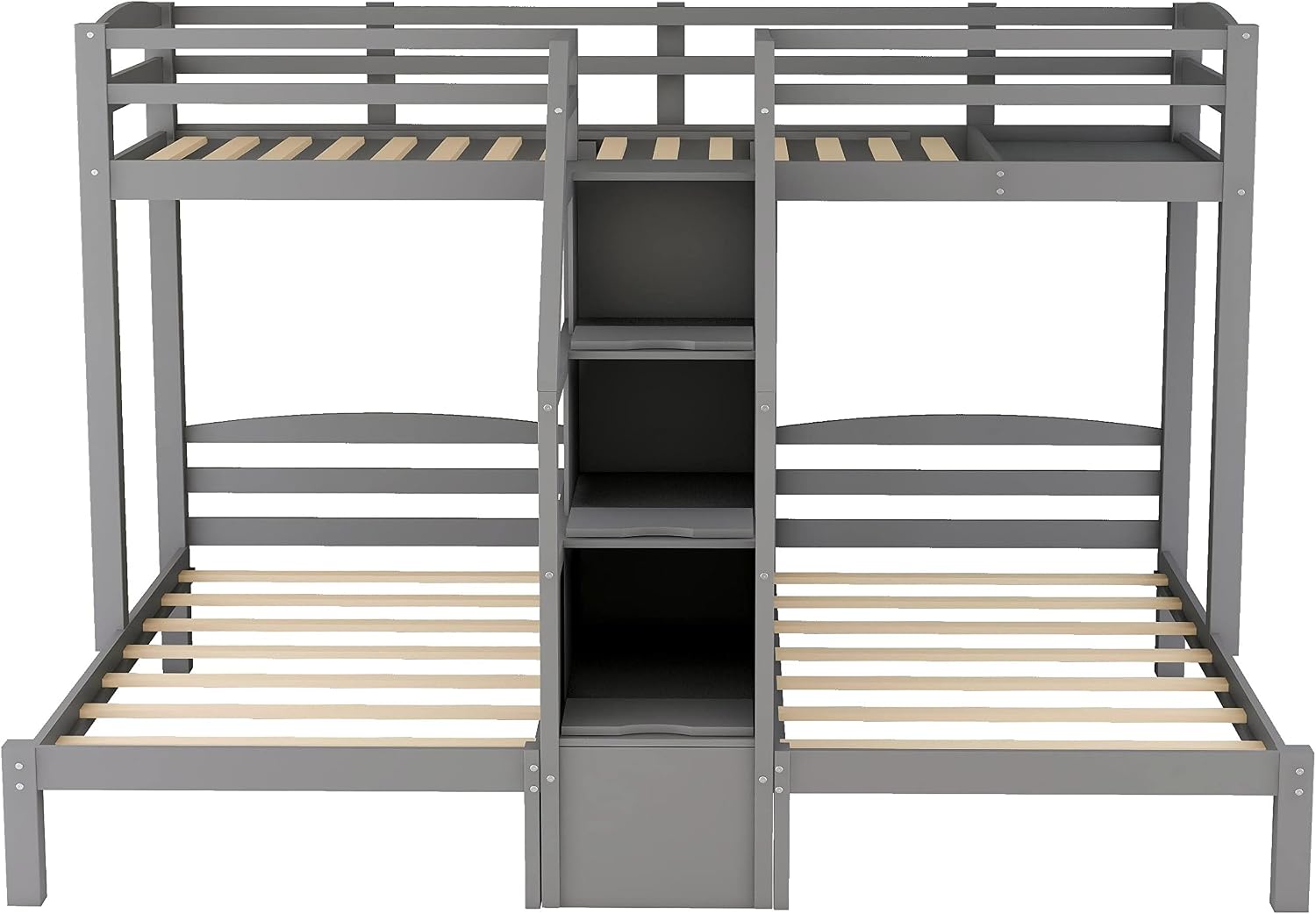 VilroCaz Twin Size Triple Bunk Bed with Built-in Staircase and Storage Drawer, Solid Wood Bunk Bed Frame with Safety Full-Length Guardrail for 3, Bedroom Guest Room Home Furniture (Gray)