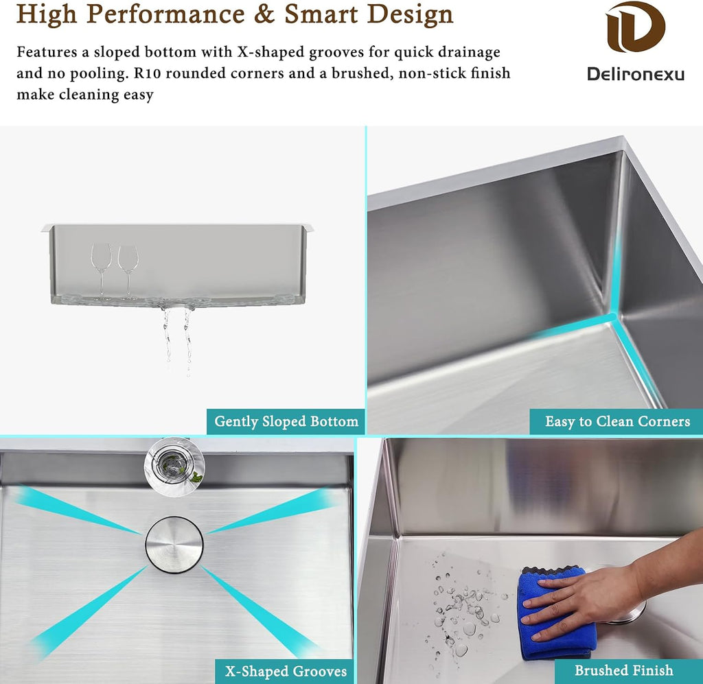30 Inch Undermount Kitchen Sink - Delironexu 18 Gauge Stainless Steel Single Bowl Kitchen Sinks 30'x18'x9' Handmade Design with Brushed, Includes Drain Kit (No Additional Accessories)