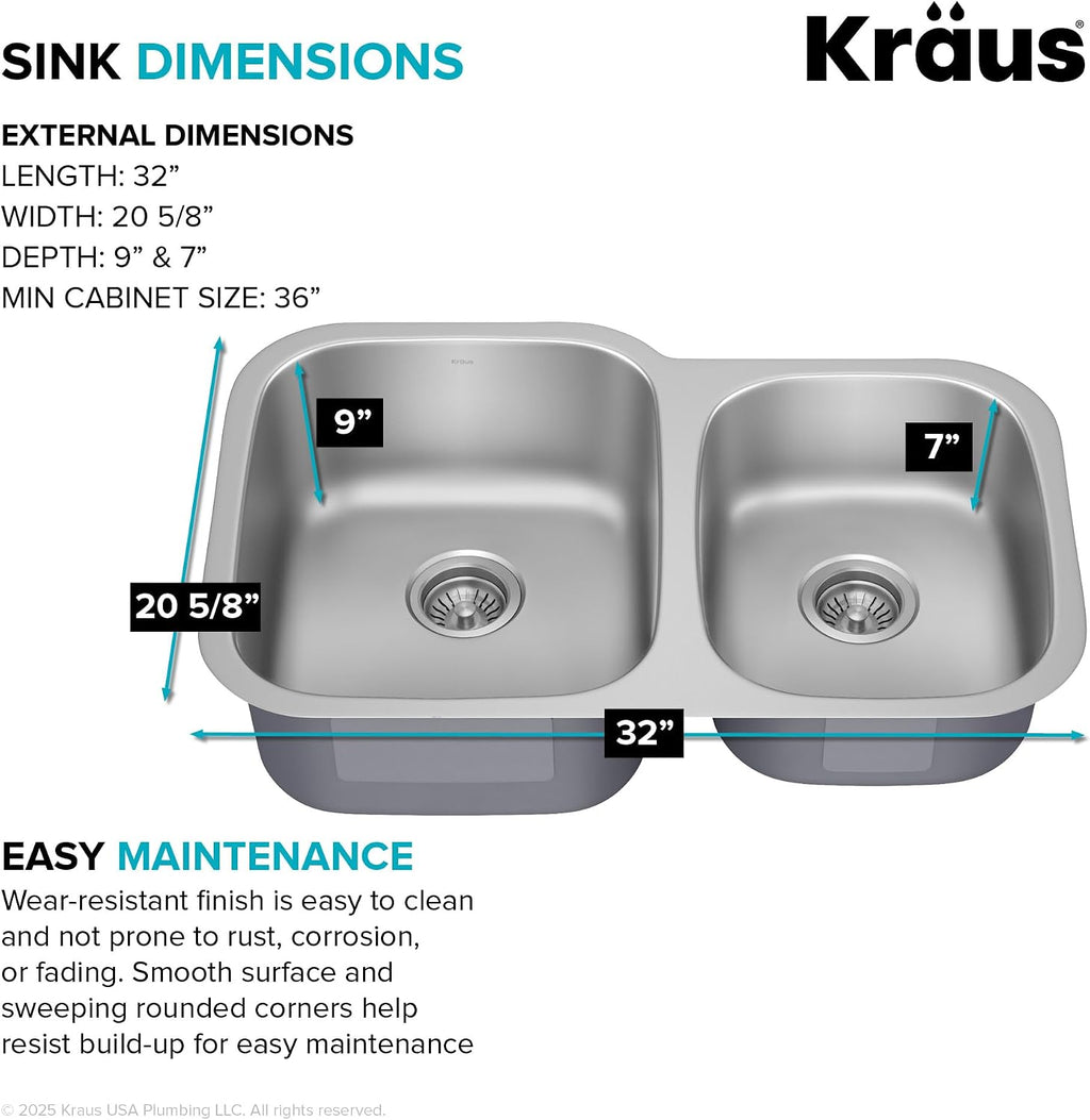 KRAUS Premier 32-inch Undermount 60/40 Double Bowl with Low Divider 18-Gauge Stainless Steel Kitchen Sink with Strainers (x2), KBU24