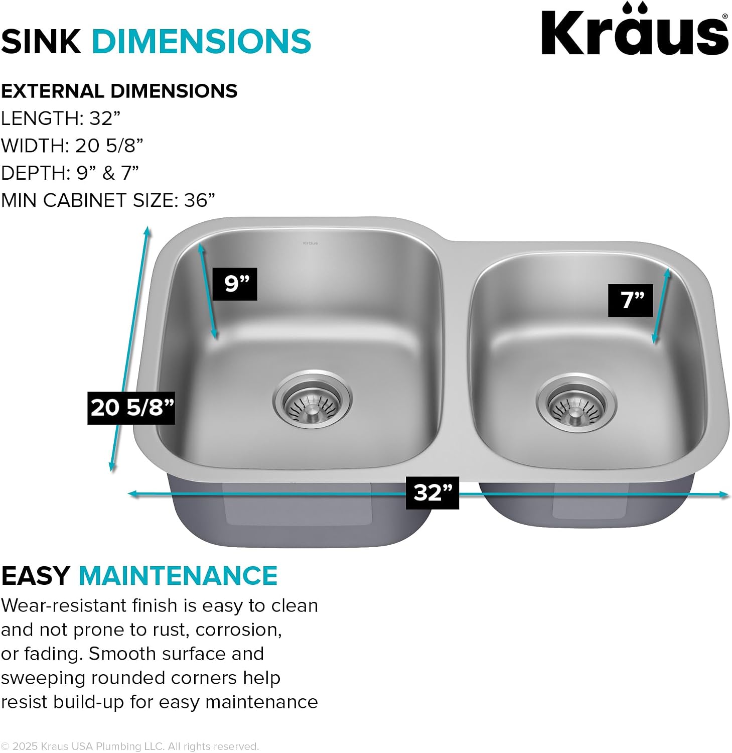 KRAUS Premier 32-inch Undermount 60/40 Double Bowl with Low Divider 18-Gauge Stainless Steel Kitchen Sink with Strainers (x2), KBU24
