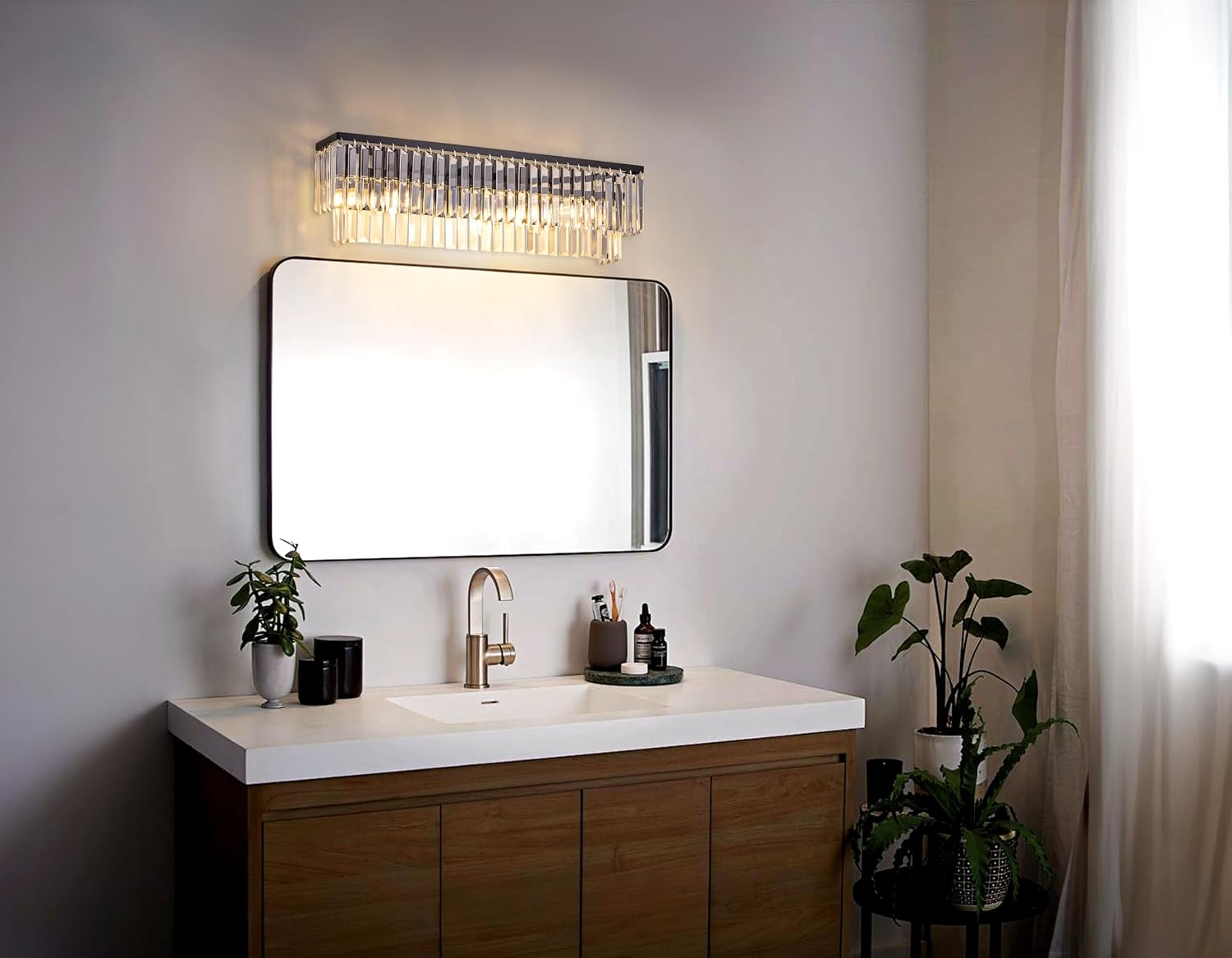 Wellmet 4-Light Bathroom Vanity Light Fixtures, Black Crystal Wall Sconces Lighting, Modern Farmhouse Wall Lamp for Mirror, Living Room, Bedroom, Hallway, Cabinet, Porch, E12 Base(Bulbs Not Included)