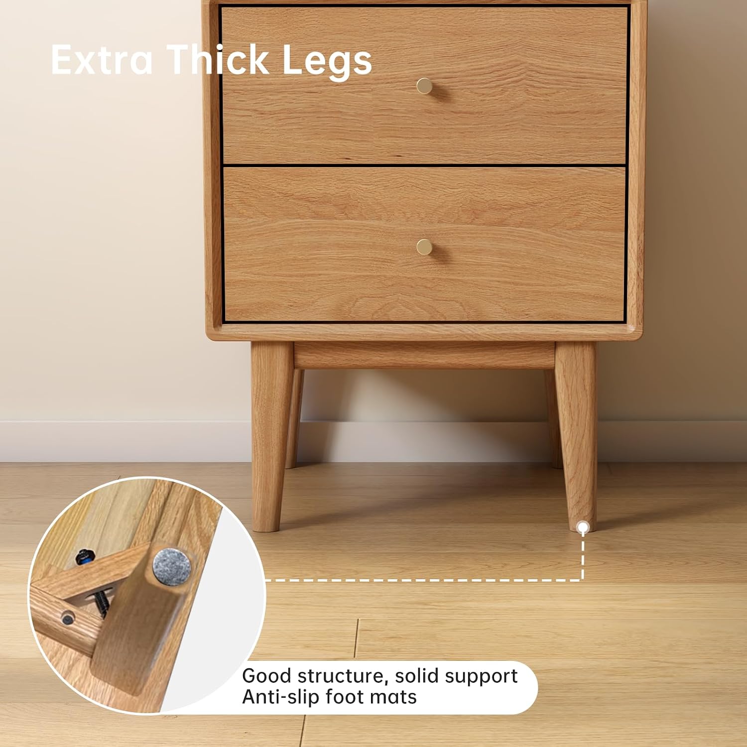 Solid Oak Wood Nightstand Set of 2, Natural Wood Nightstand with 2 Drawers, Mid Century Modern Night Stand, Wood Bedside Table Set of 2, Small Night Stand for Bedroom(19.69' H)