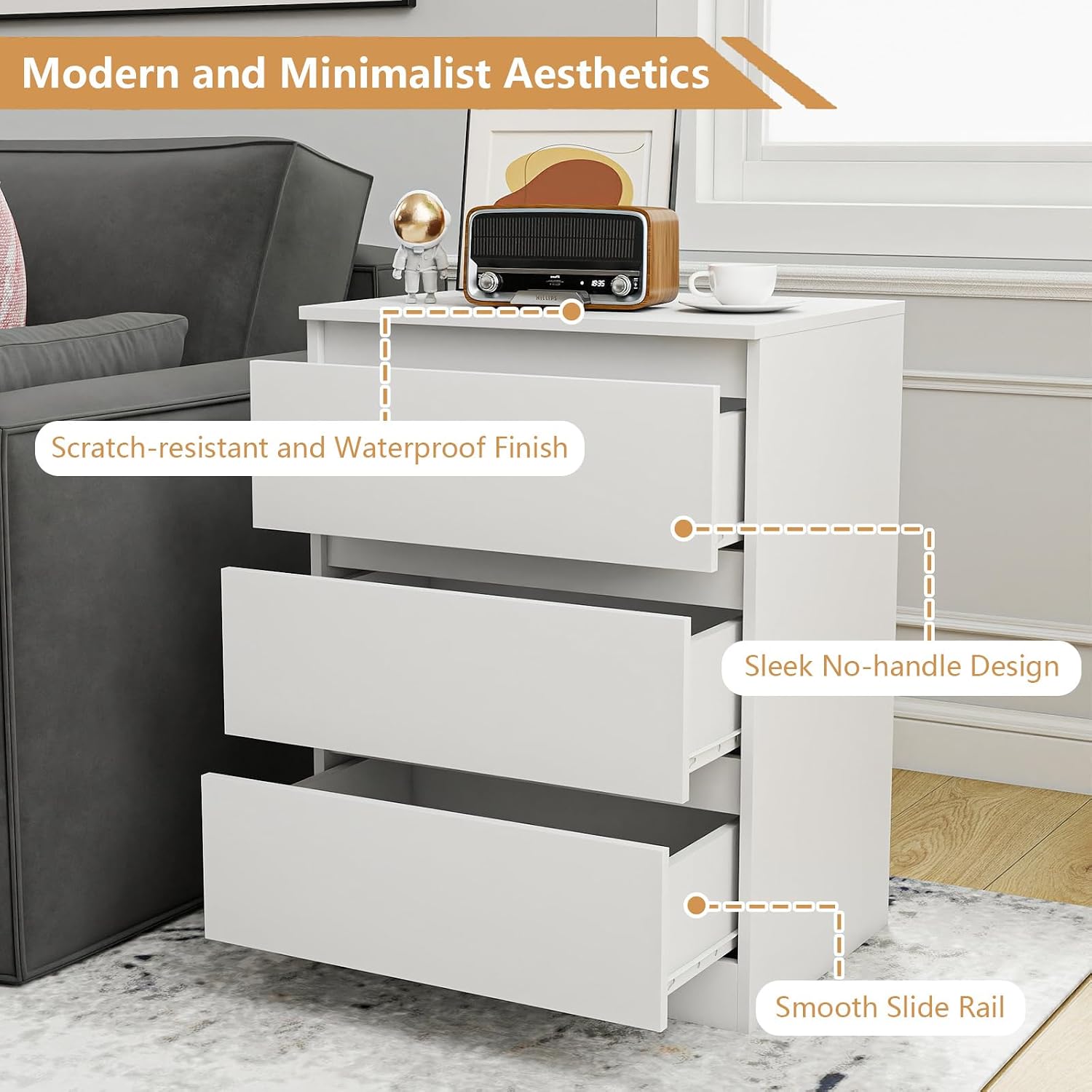 White Nightstand with 3 Drawers Set of 2,Modern Tall Bedside Table with Storage for Bedroom,End Side Table with No-Handle Design for Living Room
