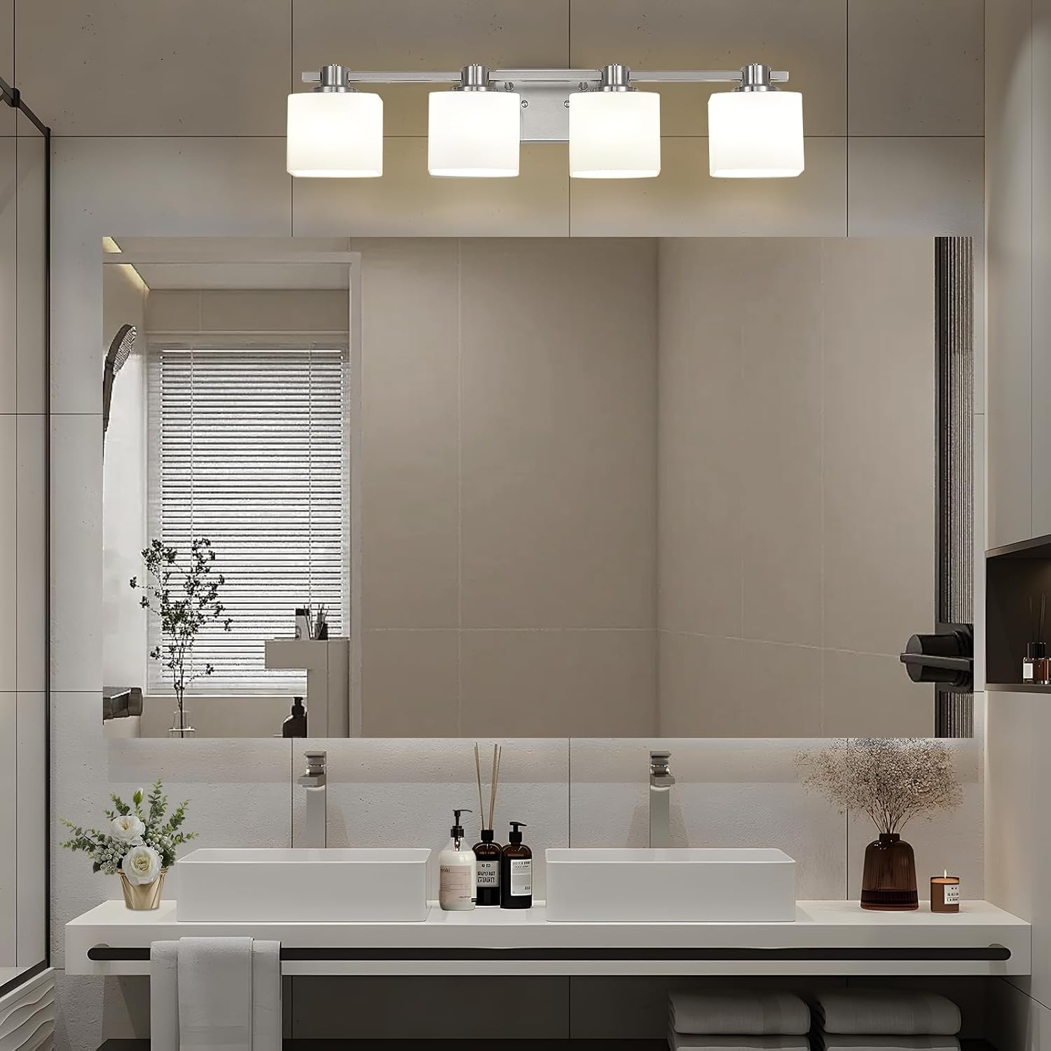 32 Inch Brushed Nickel Vanity Light for Bathroom 4 Light Bathroom Light Fixtures Over Mirror Milk Glass Makeup Shower Lamp Farmhouse Wall Sconce Modern Desk Vintage Rustic Bath Sink Lighting