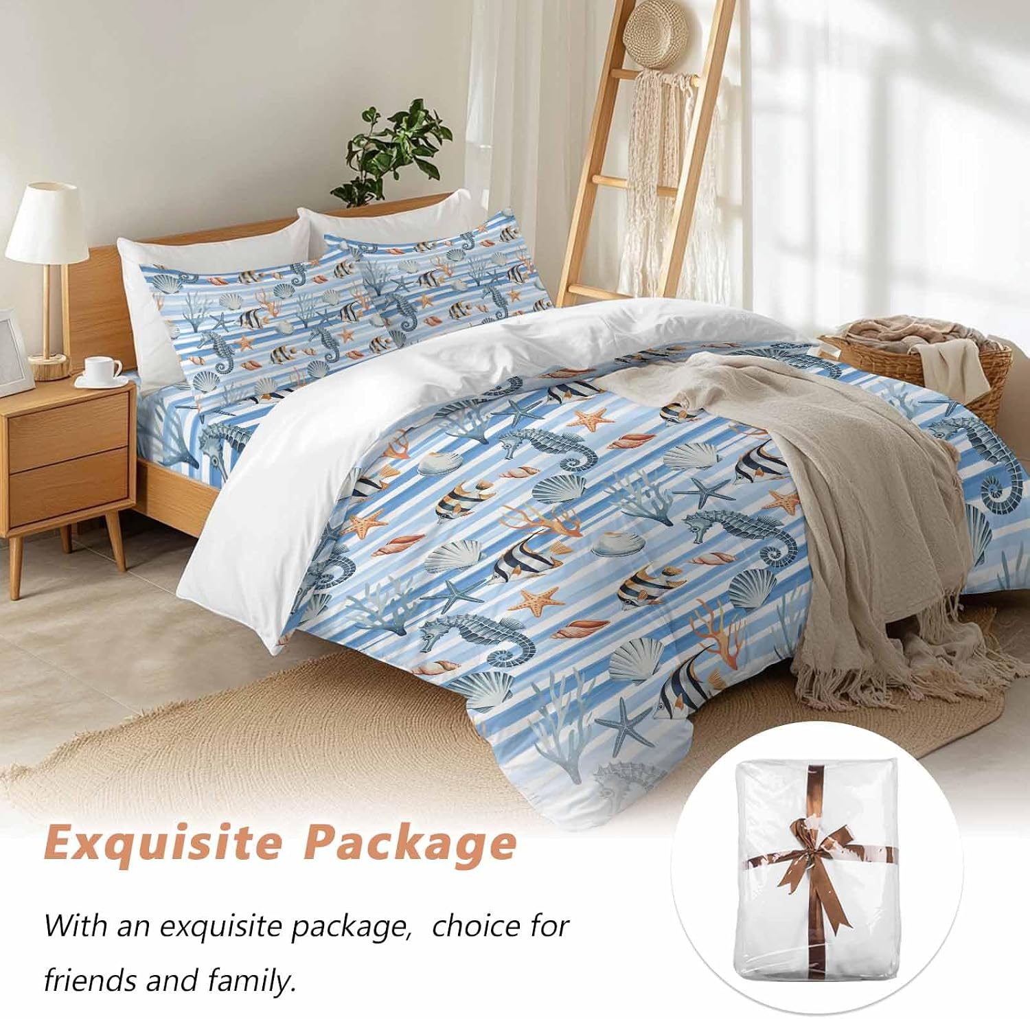 Summer Marine Life Duvet Cover Set Queen Size 4 Pieces Seahorses Corals Tropical Fish Blue Striped Bedding Set with Zipper Closure, 1 Comforter Cover 92x106 Inches 1 Flat Sheet & 2 Pillow Cases