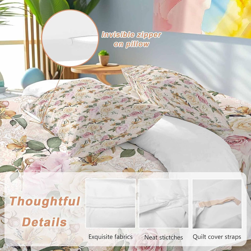 Prime Leader Floral Spring Duvet Cover Set Queen Size 4 Pieces Flower Retro Texture Bedding Set with Zipper Closure, 1 Comforter Cover 92x106 Inches 1 Flat Sheet & 2 Pillow Cases