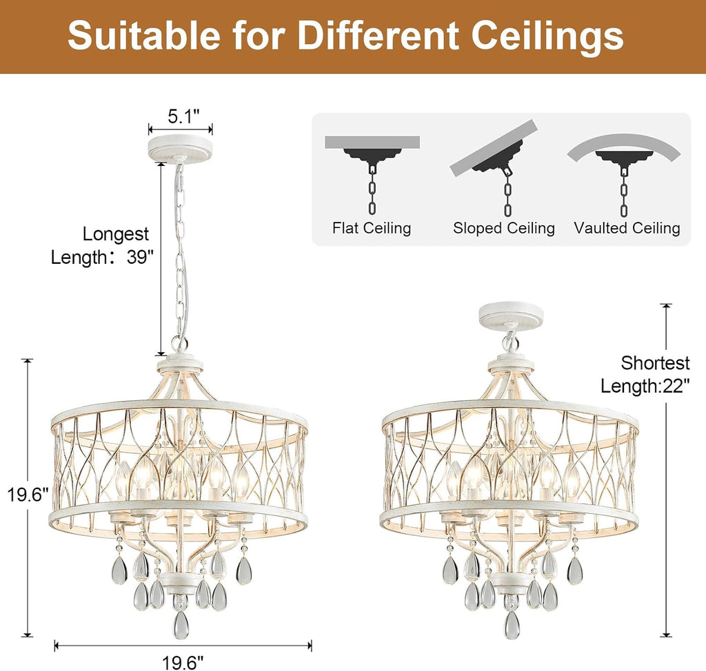 Modern Crystal Chandelier, 5-Light Farmhouse White Chandelier for Dining Room Vintage Hanging Pendant Light Fixtures Round Chandelier for Kitchen Island Entryway Foyer Bedroom Office Bar