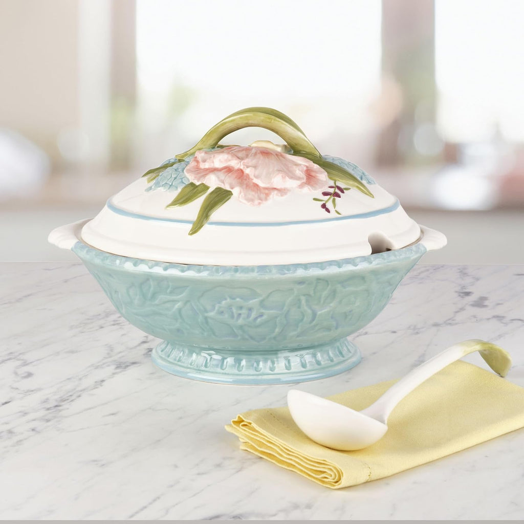 Fitz and Floyd Meadow Tureen Covered Serving Bowl with Ladle, 3.5 Quart