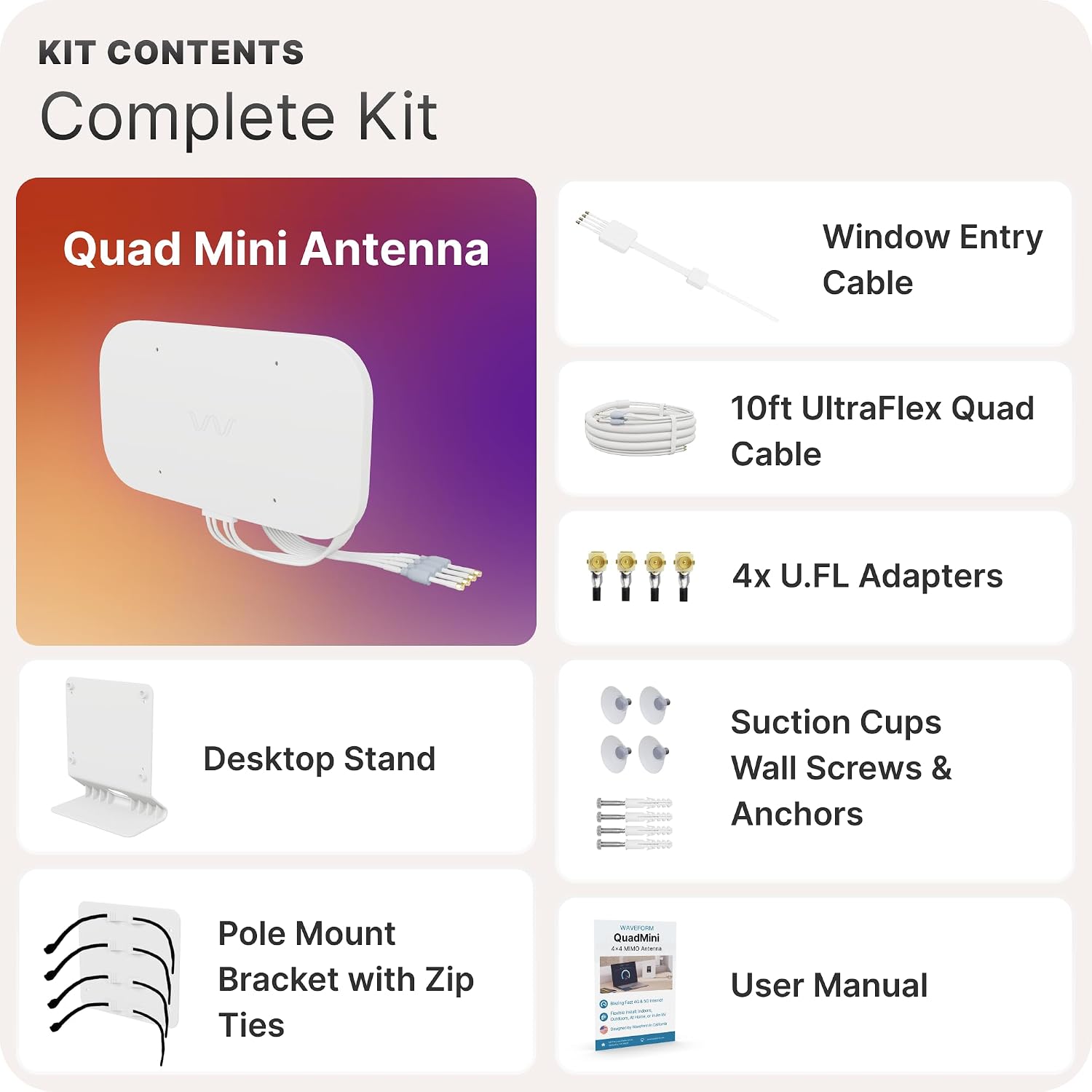 Waveform QuadMini Antenna 4x4 MIMO External Omnidirectional Antenna for 4G/5G Routers & Gateways with 20' Total Cable, 2X 10' UltraFlex-Quad Cables: Low-Loss Quad-195 Extension Cables