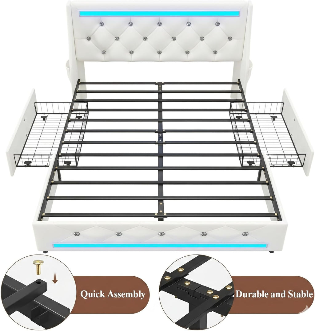 Full Bed Frame with Storage Drawers and LED Lights/Charging Station, Modern Diamond Upholstered Platform Bed with Wingback Headboard, Wooden Slats Support, No Box Spring Needed (White, Full)