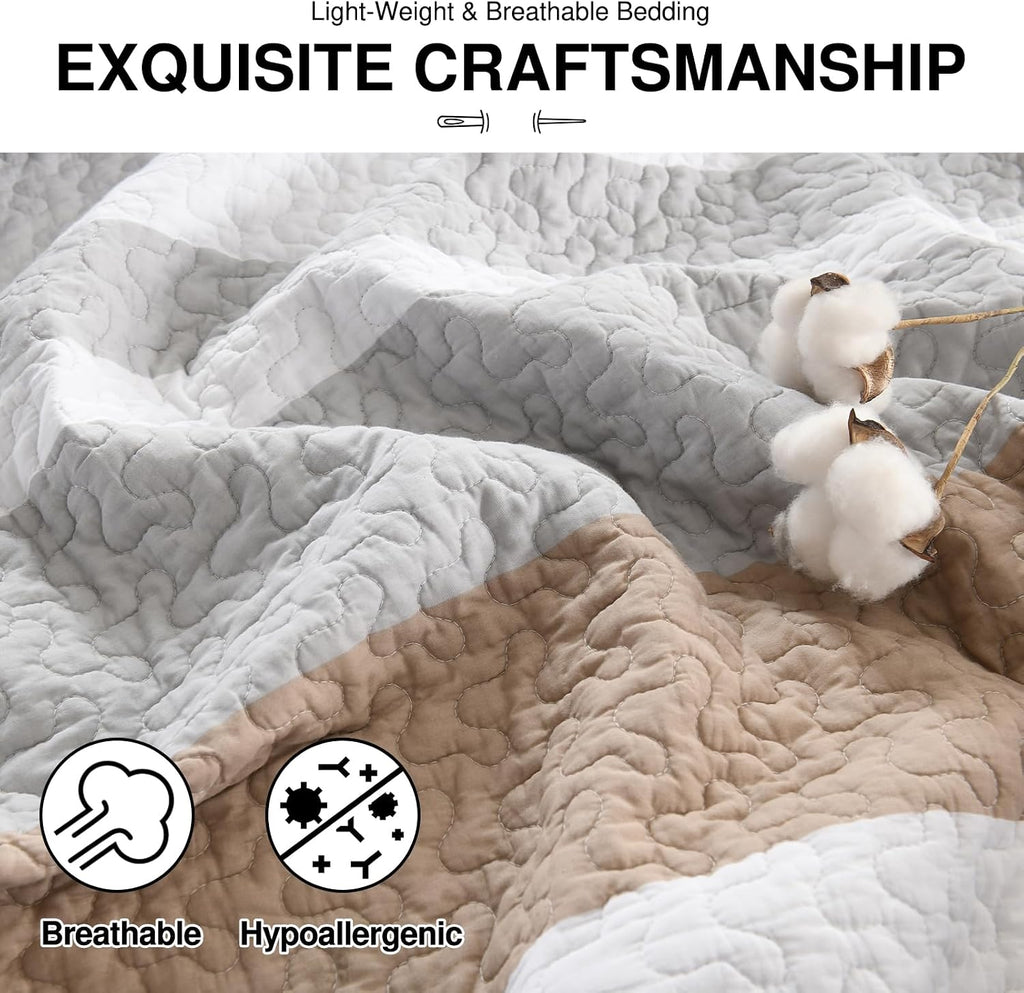 DDUOXIN Oversized King Bedspread 120' W x120 L - 100% Cotton Quilt with 2 Pillow Shams, Simple Striped Design Lightweight Durable Bedding, Perfect for Modern Bedrooms, Brown/Blue/Gray/White
