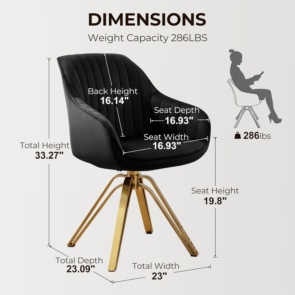 Volans Modern Desk Chair No Wheels, Upholstered Swivel Accent Chairs with Gold Plated Legs, Velvet Office Chair for Home Office Bedroom, Black
