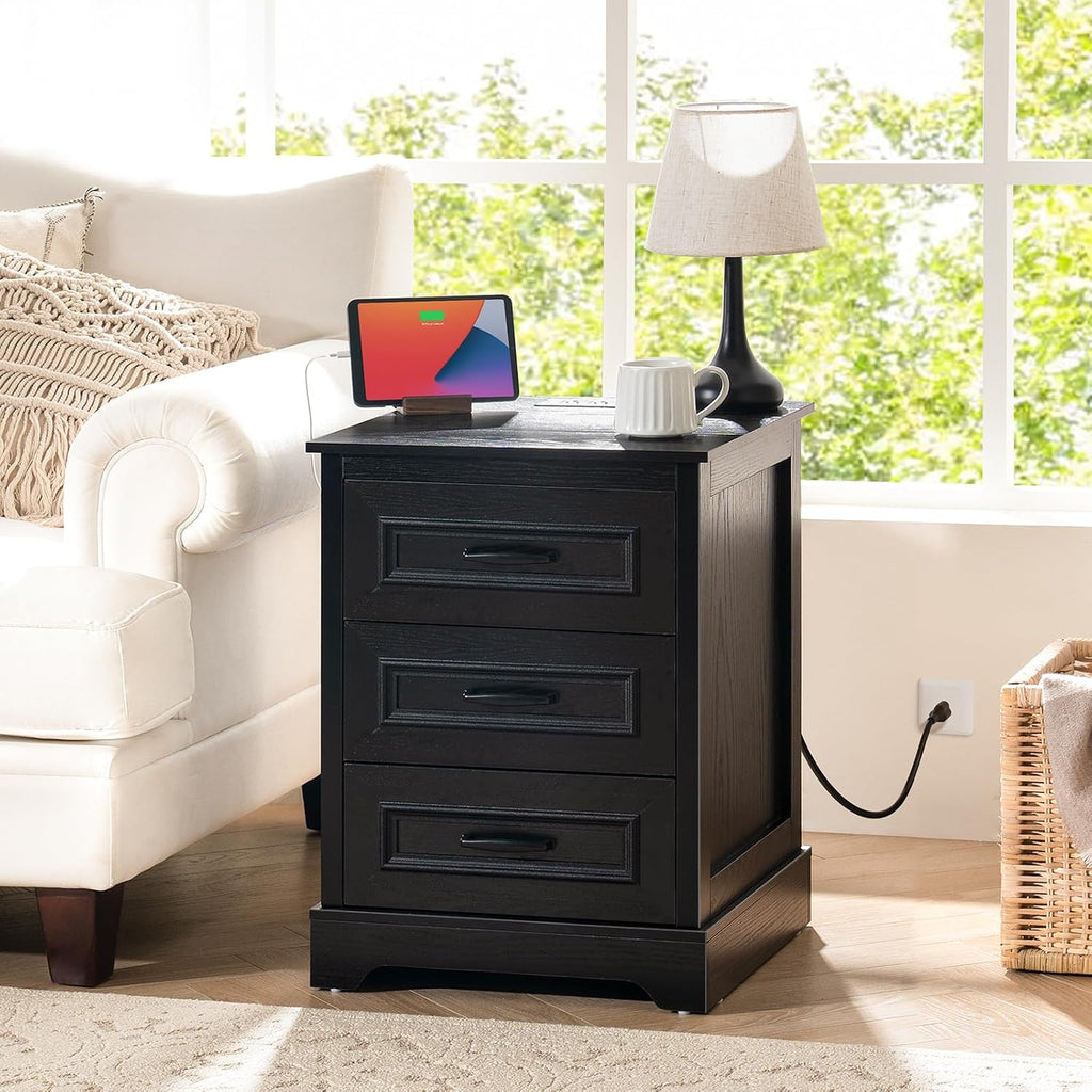 Farmhouse Nightstand with Charging Station- Wood Night Stand Set 2, 3 Drawer Nightstands Set of 2, Bedside Table with Storage, Rustic Night Stands for Bedroom, Closet, 18' Wide, 24' Tall