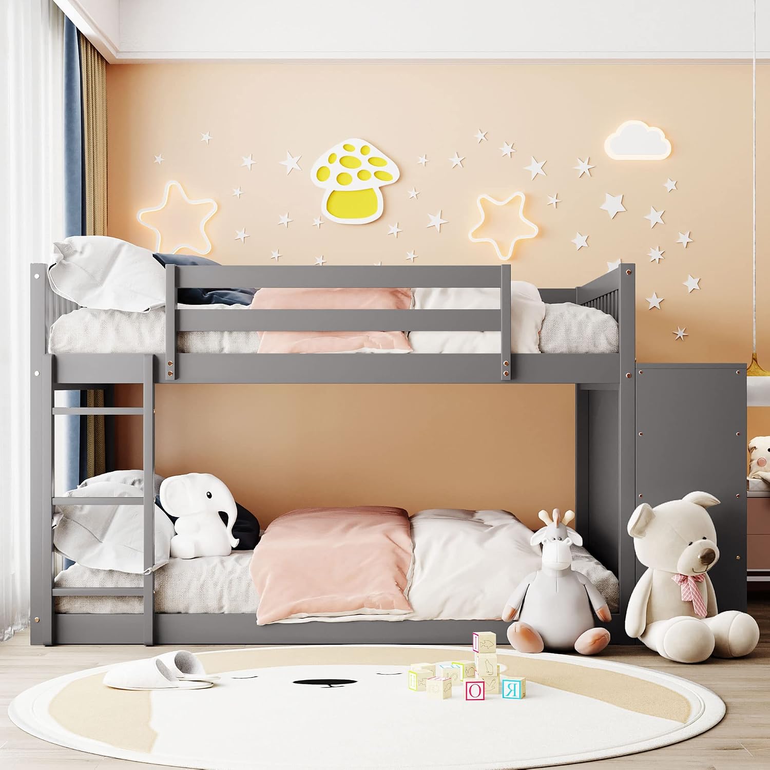 Full-Over-Full Size Bunk Bed, Bedroom Furniture Pine Wood Bed Frame with Storage Drawers and Open Shelves, Drawers and Shelves Set Can Be Moved, for Kids & Teens (Gray)
