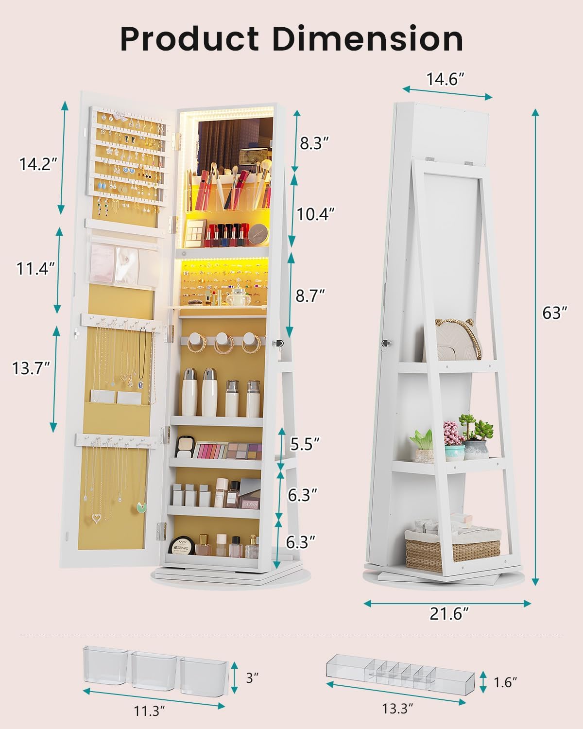 Vlsrka LED Mirror Jewelry Cabinet, Lockable Jewelry Armoire Cabinet Standing, Rotatable Full Length Mirror with Storage, Interior Mirror, Foldable Makeup Shelf, Beige Lining, White