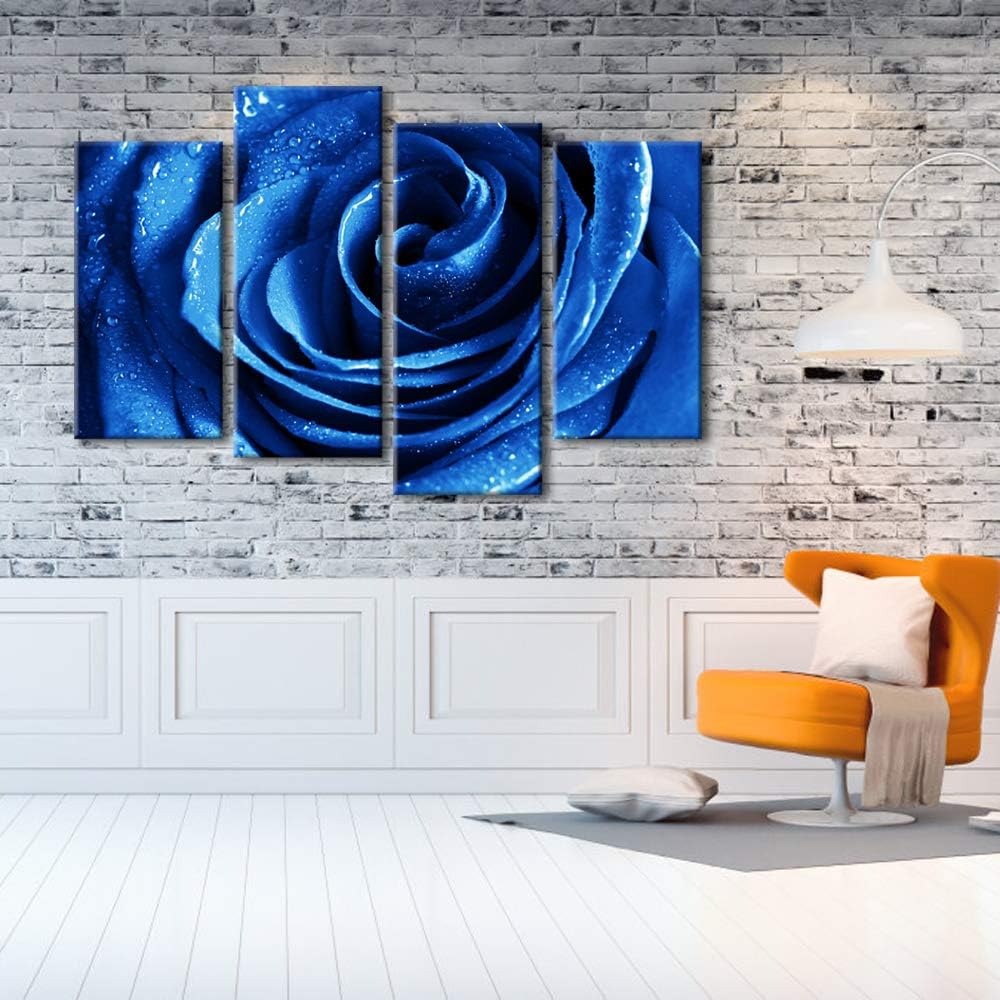 Wieco Art Blue Rose Canvas Prints Wall Art Abstract Romantic Flower Pictures Paintings for Living Room Bedroom Decorations Wall Decor Large 4 Piece Modern Stretched Artwork