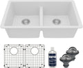 Karran QU-810 32' Undermount Double Bowl Quartz Kitchen Sink Kit, White Composite, Equal Bowls, Scratch Resistant, Heat Safe, Noise Reducing, Includes Grids & Strainers