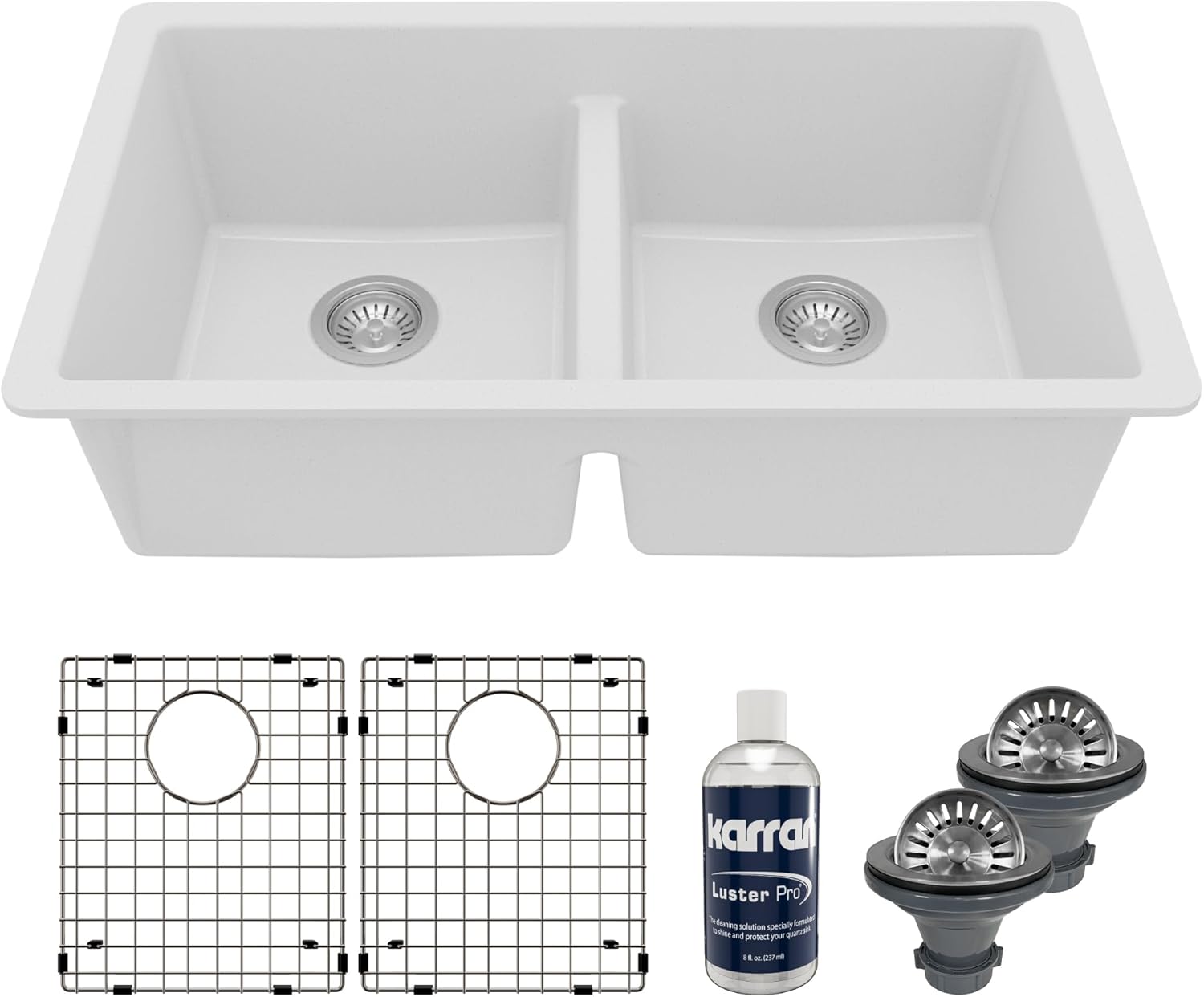 Karran QU-810 32' Undermount Double Bowl Quartz Kitchen Sink Kit, White Composite, Equal Bowls, Scratch Resistant, Heat Safe, Noise Reducing, Includes Grids & Strainers