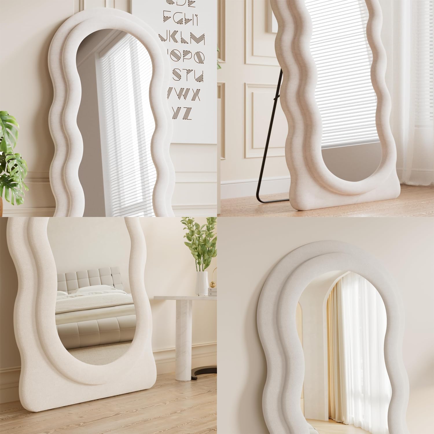 Dewfig Full Length Mirror, 63' x 24'Irregular Wavy Mirror, Large Floor Length Mirrors Wall Mounted, Standing Wavy Mirrors with Flannel Wrapped Wooden Frame for Bedroom/Living Room, White