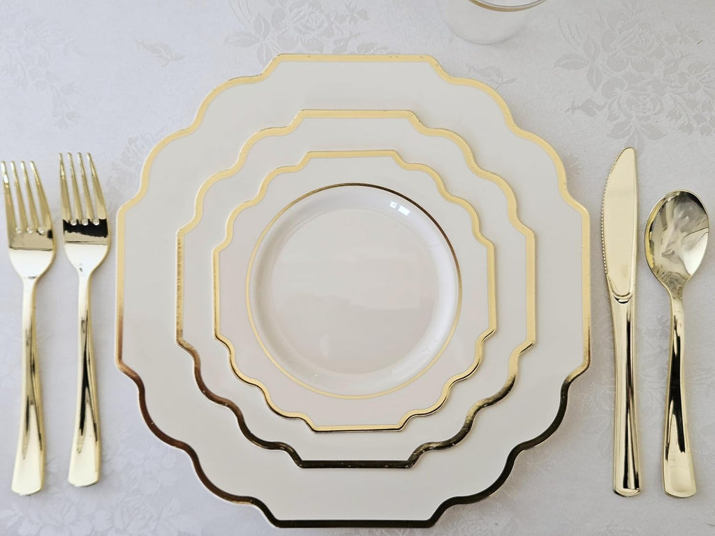 ' OCCASIONS ' 120 Plates Pack, Heavyweight Disposable Wedding Party Plastic Plates (10.5'' Dinner Plate,Imperial in Ivory & Gold)