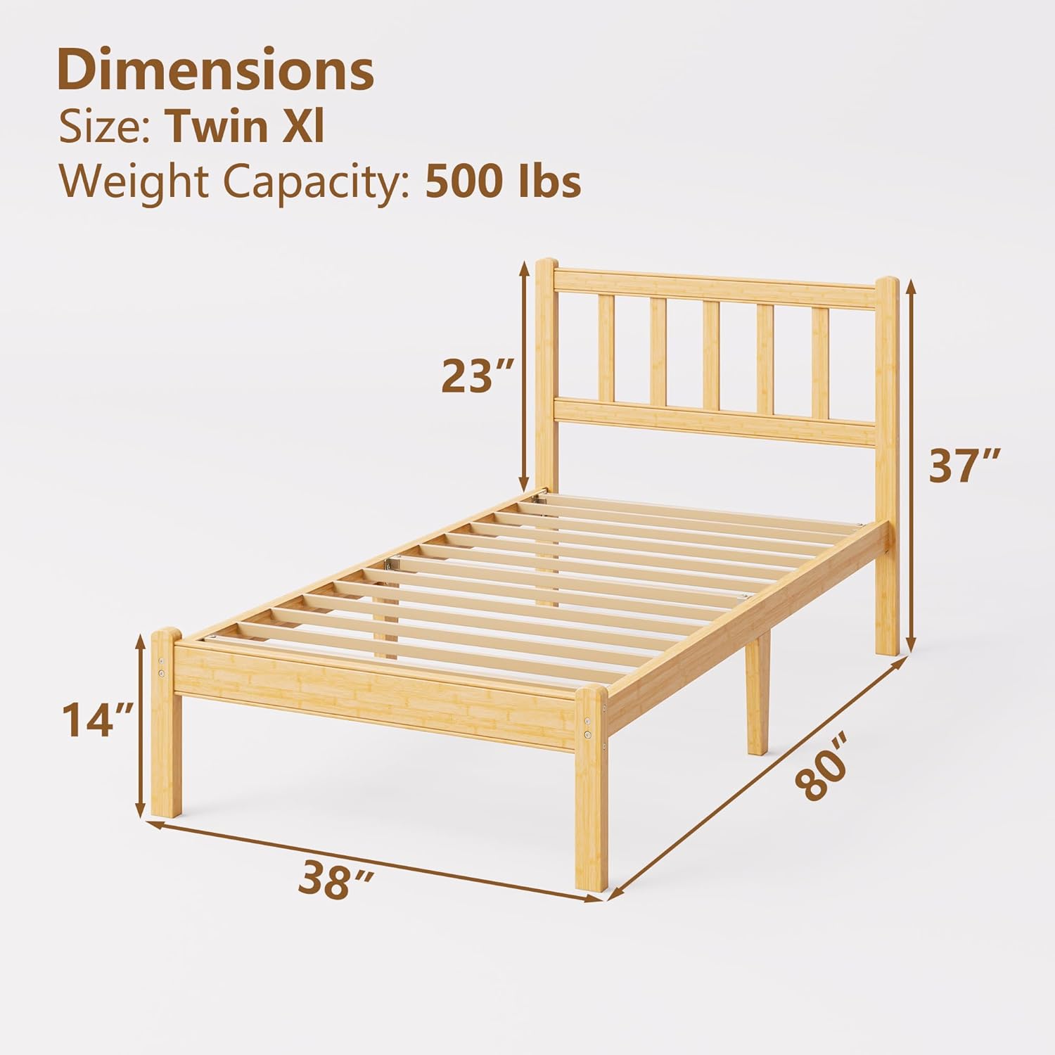 14 in High Solid Bamboo Wood Twin XL Bed Frame with Headboard, Platform Twin XL Size Bed Frame, Heavy Duty, No Box Spring Needed, Nosie Free