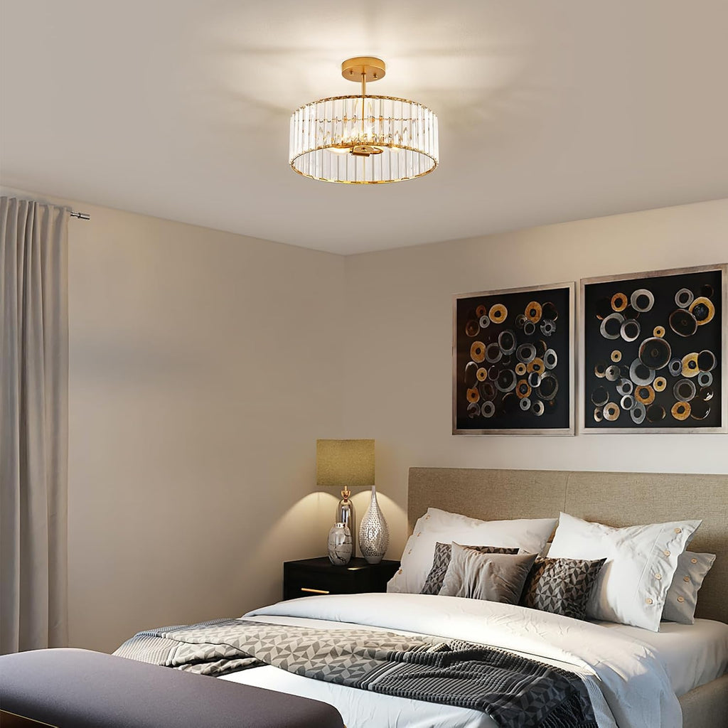 Modern Gold Semi Flush Mount Ceiling Light Crystal 3-Light Light Fixture 15.75 Inch Kitchen Ceiling Lighting for Living Room Bedroom Dining Room Bathroom Entryway (Bulb Not Included)