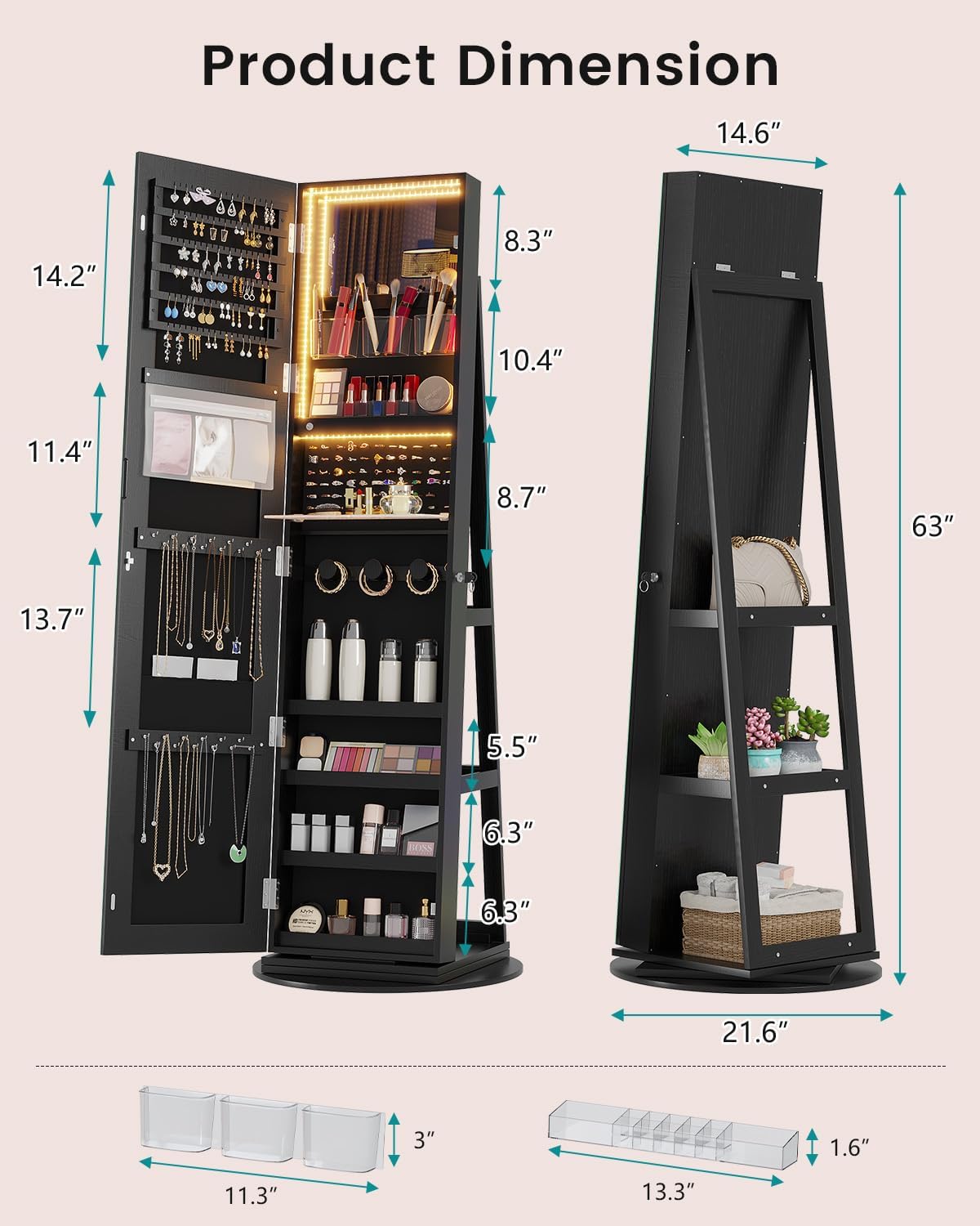 Vlskra Jewelry Cabinet with LED lights, Lockable Mirror Jewelry Cabinet Standing, Rotatable Full Length Mirror with Storage, Space-Saving Jewelry Armoire Organizer, Foldable Makeup Shelf, Black