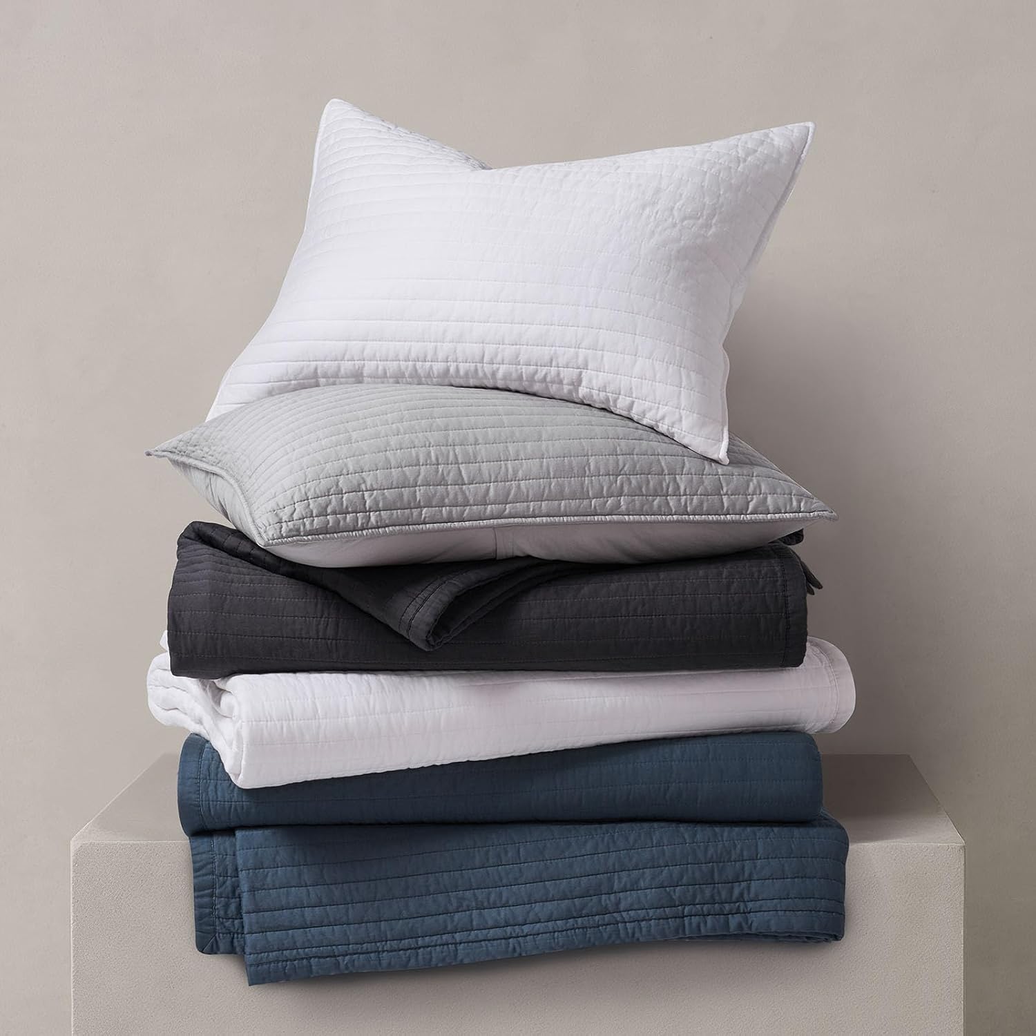 EVERGRACEHOME Cotton Sateen Quilt Set King Size, Pre-Washed Cotton Channel Stitch Coverlet Bedspread, 3 Pieces Lightweight Soft Bedding Sets for All Season, with 2 Pillow Shams, Fog Gray