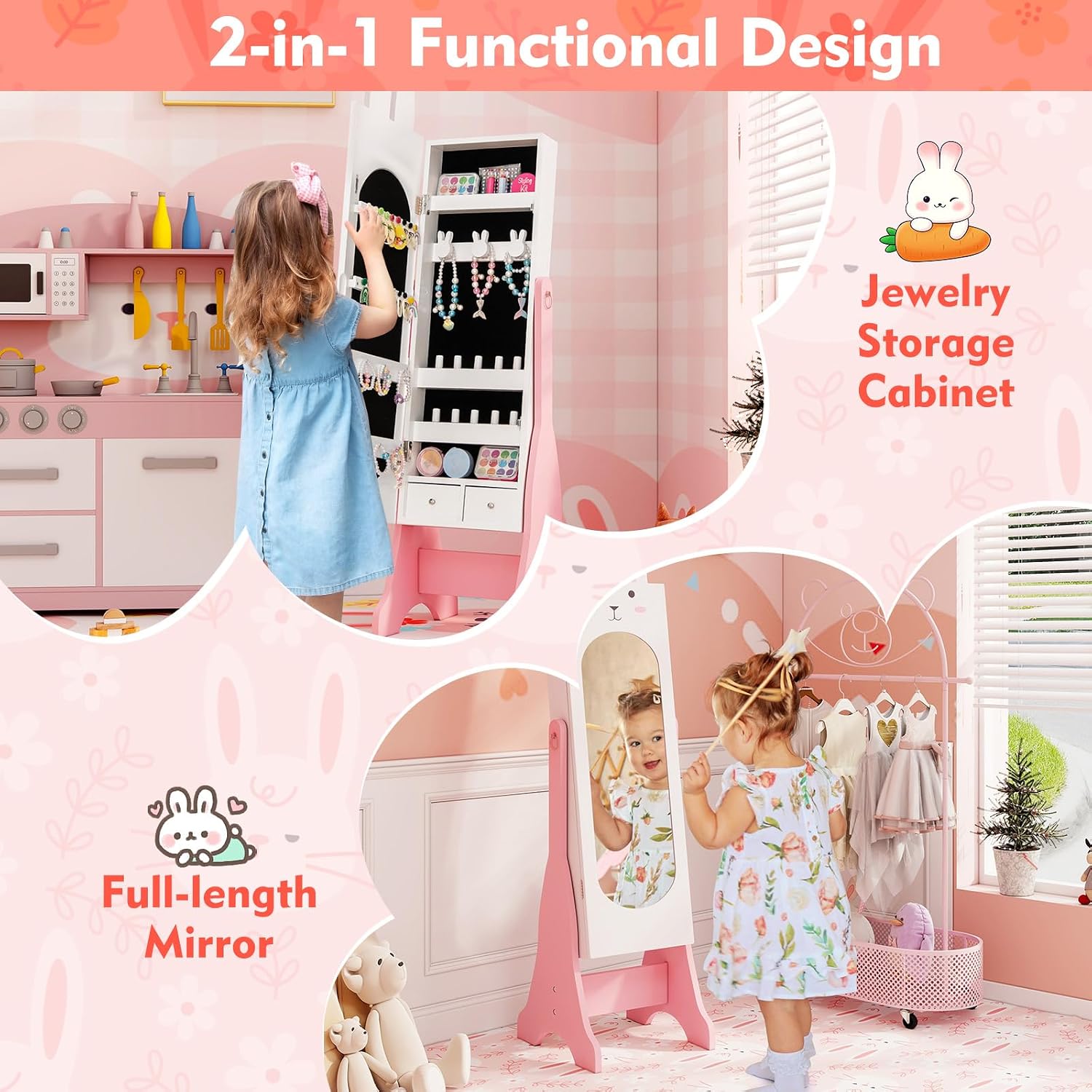 GLACER Kids Vanity & Jewelry Armoire, Princess Dressing Table and Chair Set, Wood Kids Dress Up Storage with Full-Length Mirror, 2 Adjustable Tilt Angles, Kids Bedroom Furniture Set for Girls (White)