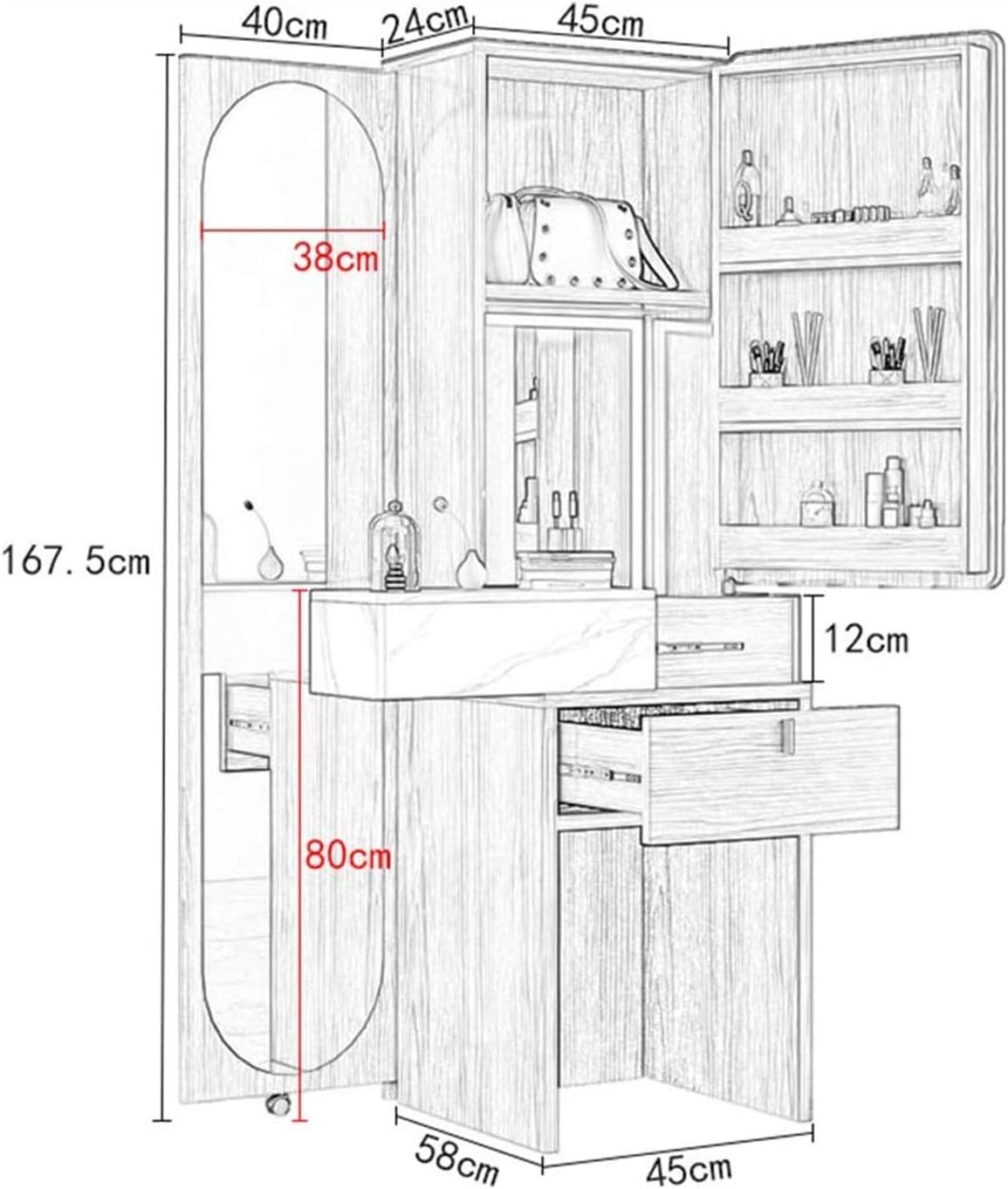 Vanity Table Set|Modern Minimalist Dressing Table | with lockers | Full-Length Mirror | Bedroom Dressing Table | Large Capacity Storage Function