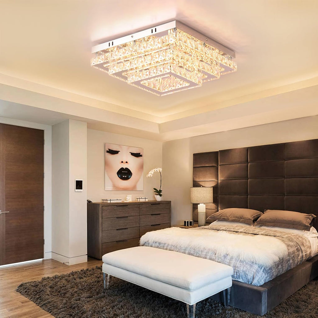 Dimmable Square Crystal Flush Mount Ceiling Light, 15' 3-Tier Crystal Chandelier Ceiling Light, Remote Included, 3000–6500K CCT, K9 Crystal & Stainless Steel for Living Room Dining Room Bedroom