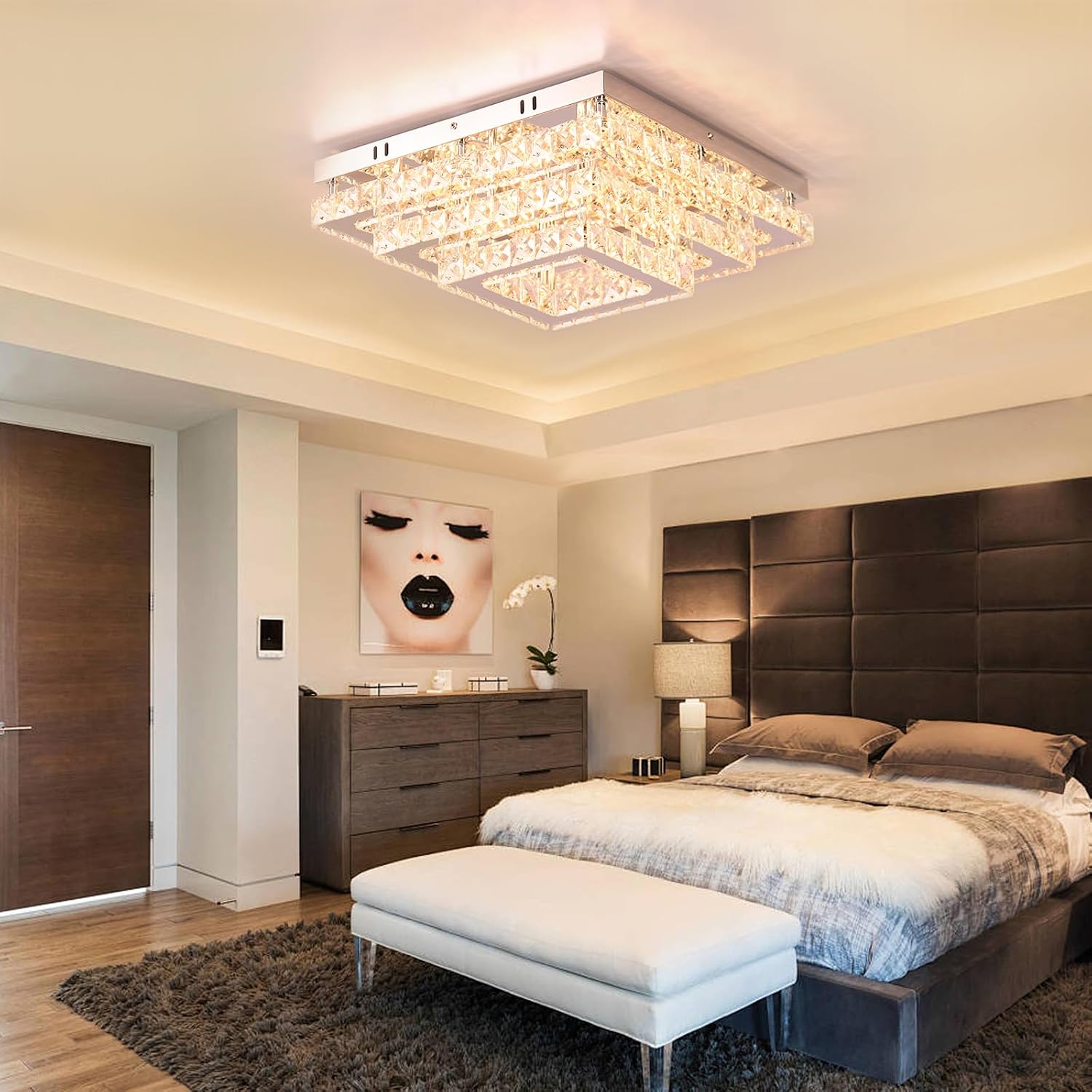 Dimmable Square Crystal Flush Mount Ceiling Light, 15' 3-Tier Crystal Chandelier Ceiling Light, Remote Included, 3000–6500K CCT, K9 Crystal & Stainless Steel for Living Room Dining Room Bedroom