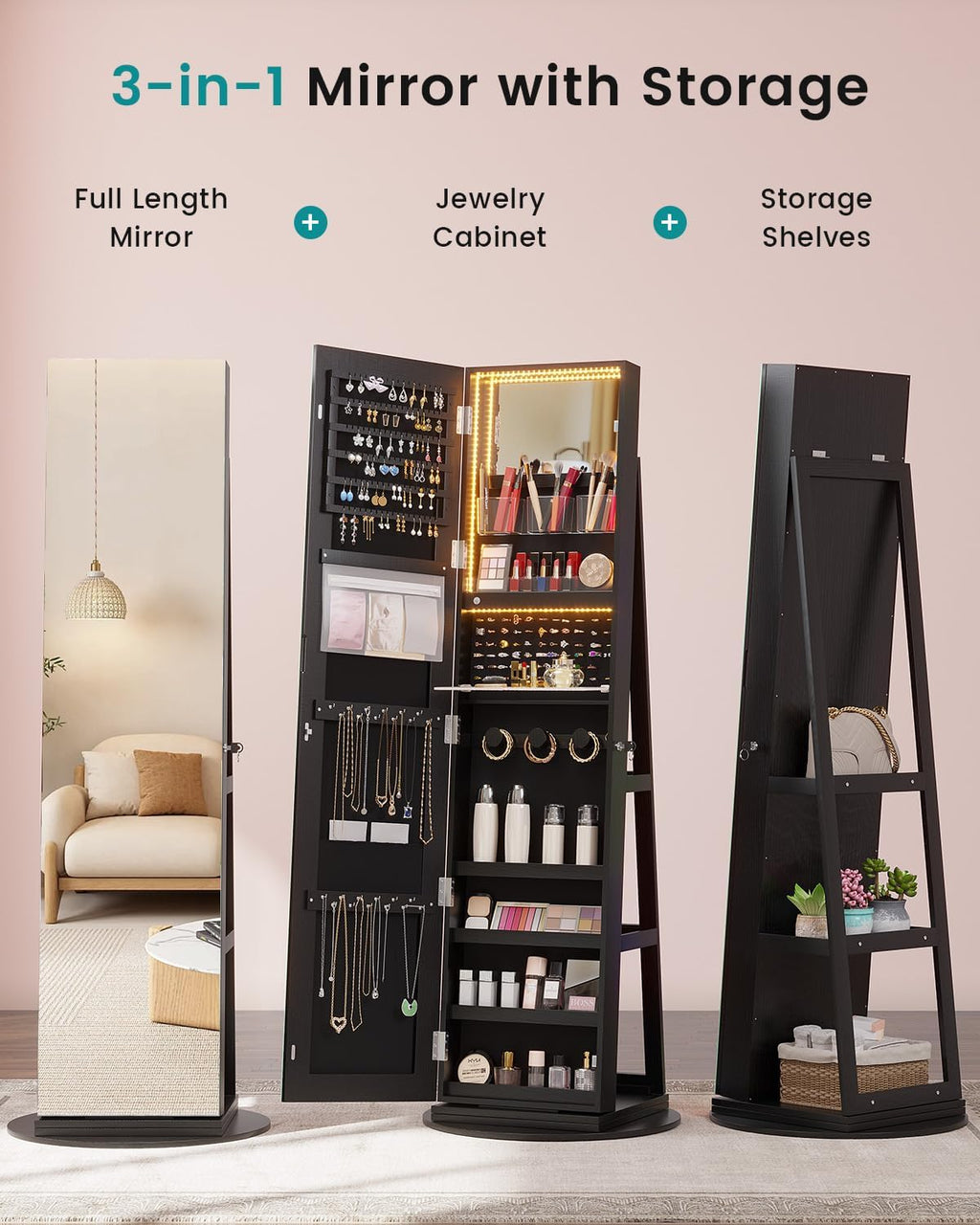 Vlsrka 360° Swivel Jewelry Cabinet with Lights, Lockable Jewelry Armoire Cabinet Standing, Full length Mirror with Storage, Space-Saving Jewelry Armoire Organizer, Gifts for Mom, Black