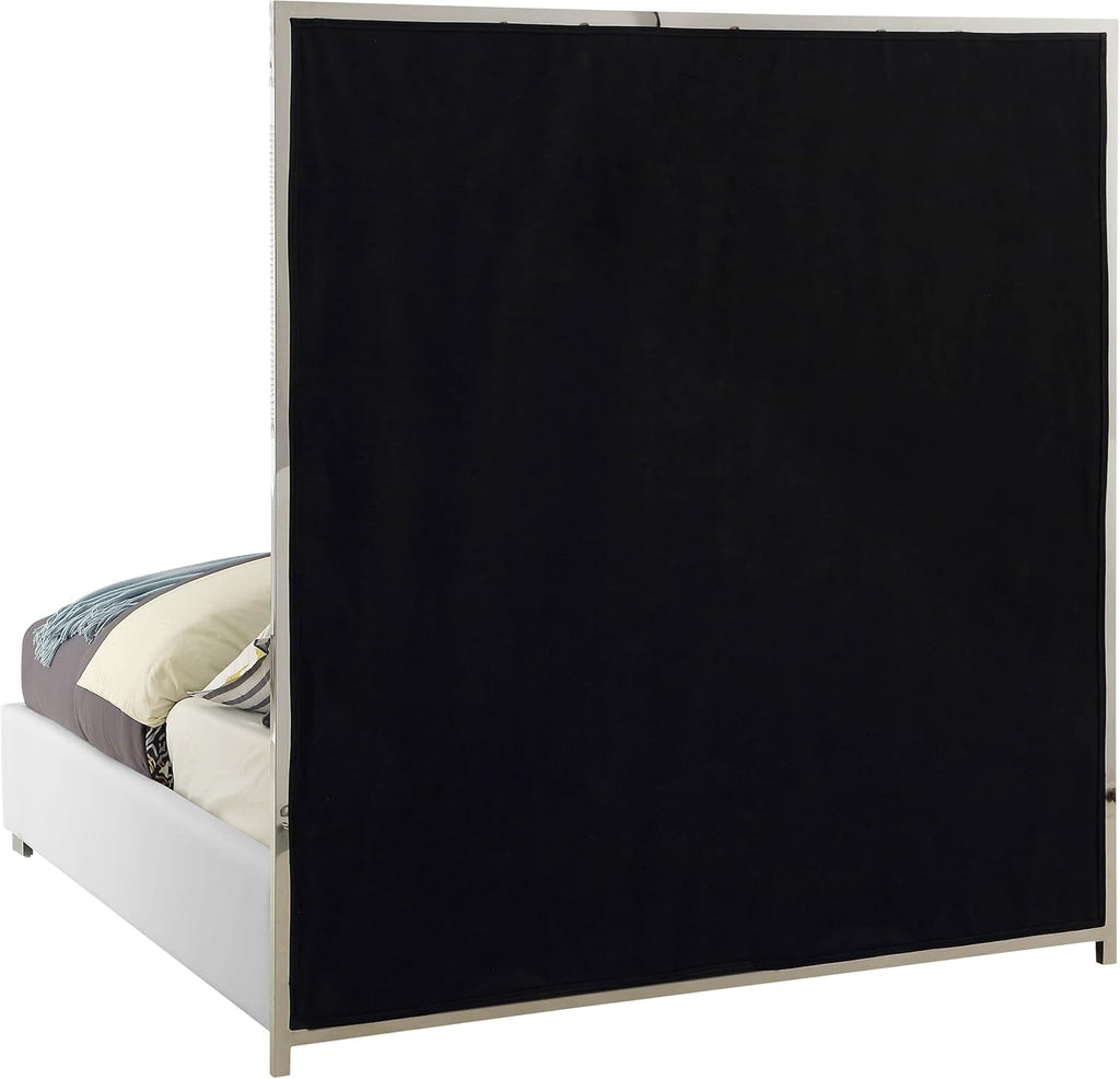Meridian Furniture MilanWhite-K Milan Collection Modern Contemporary Vegan Leather Upholstered Bed, Custom Chrome Metal Legs, Geometric Designed Headboard, 81.5' W x 84.5' D x 70' H, White, King